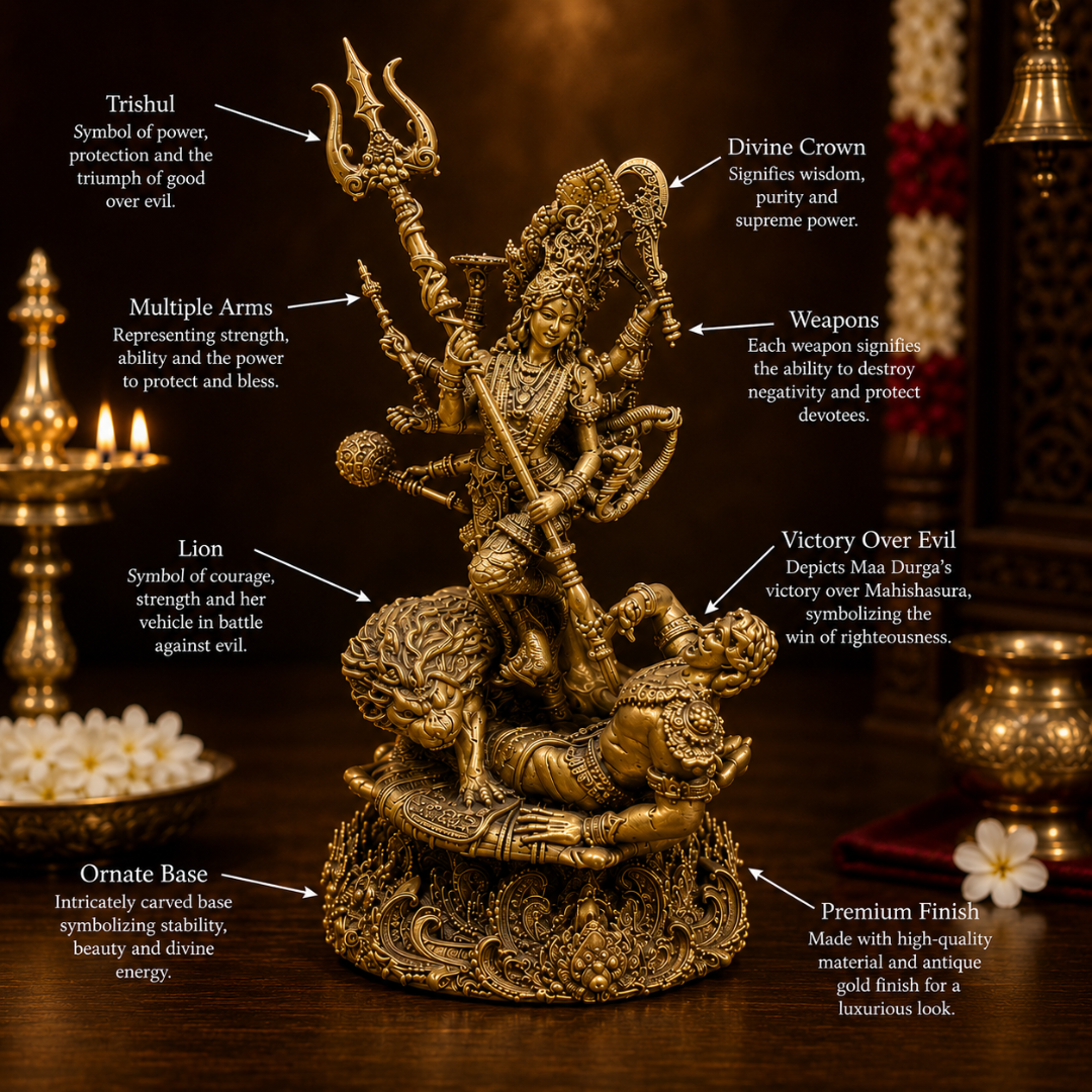 Durga Mata Mahishasura Vadh God Idol in Premium Gift Box (2 x 5 Inches, Gold, Resin)