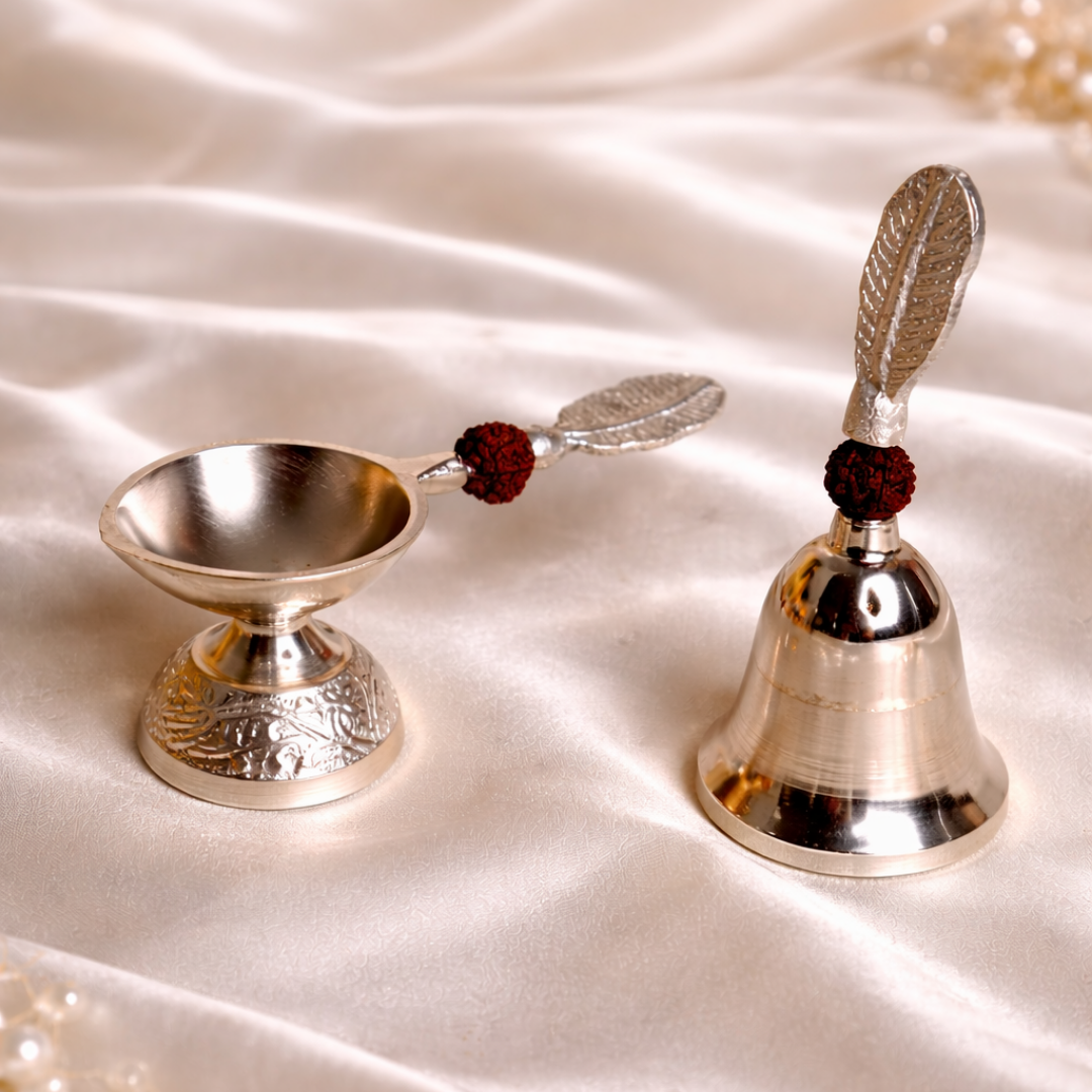 Luxury Ganesha Chalisa Silver Plated Gift Hamper in Velvet Box with Wooden Ganesha Idol, Hanuman Chalisa, Bell & Diya
