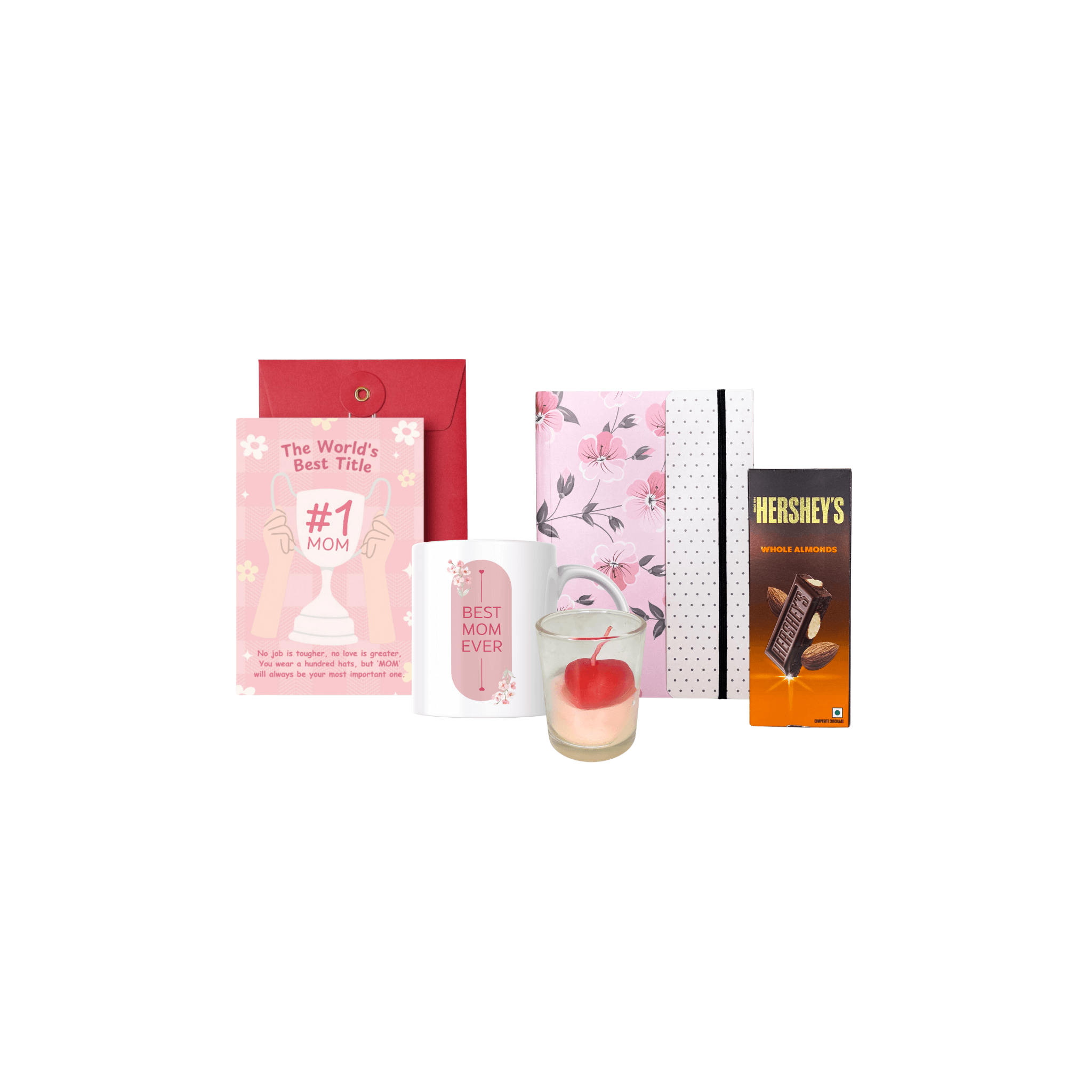 Mother's Day Gift Combo with Greeting Card, Scented Candle, Ceramic Mug,  Notebook, Hershey's Chocolate