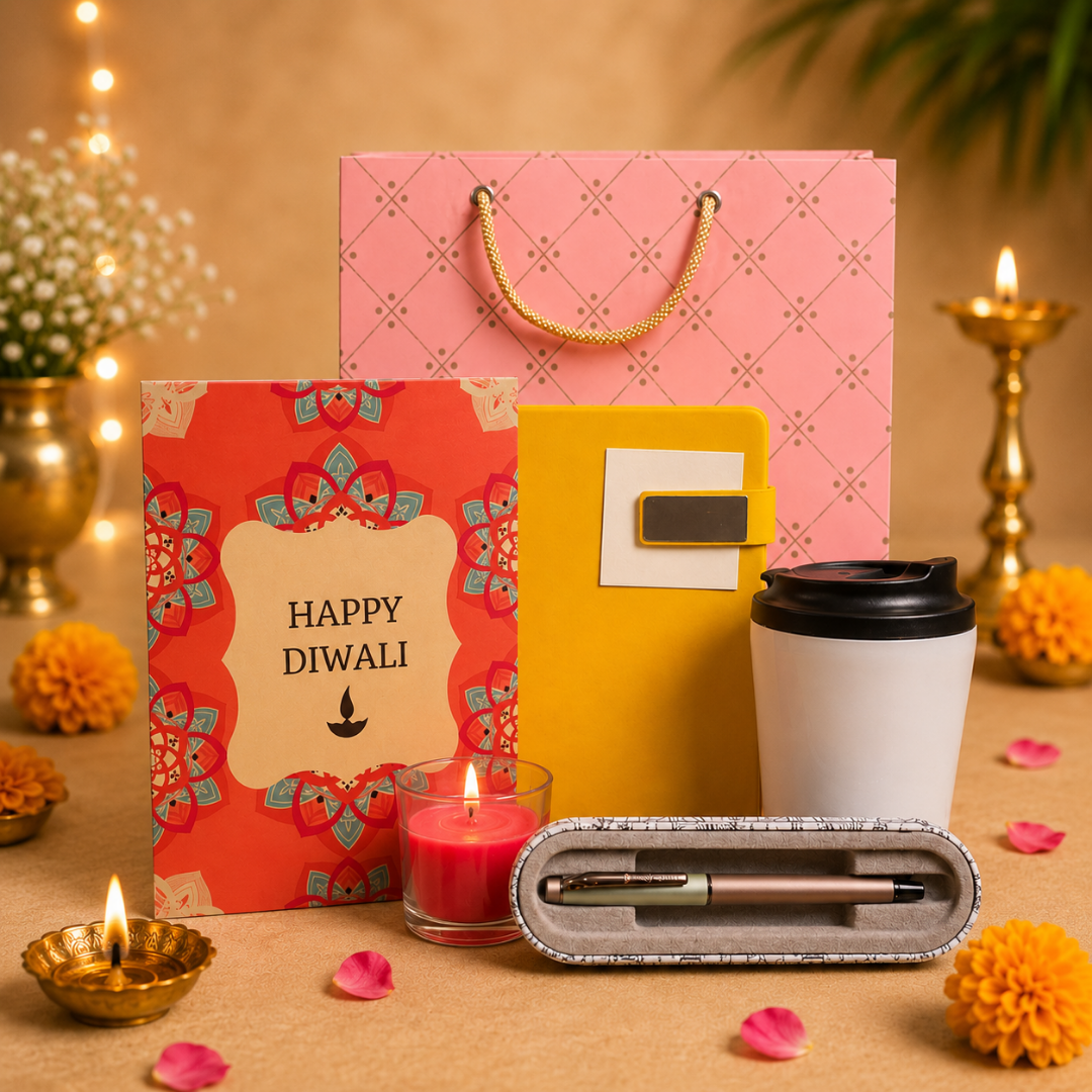 Compact Diwali Gift Combo – Coffee Mug, Diary, Coffee Pen, Candle & Greeting Card in Gift Bag