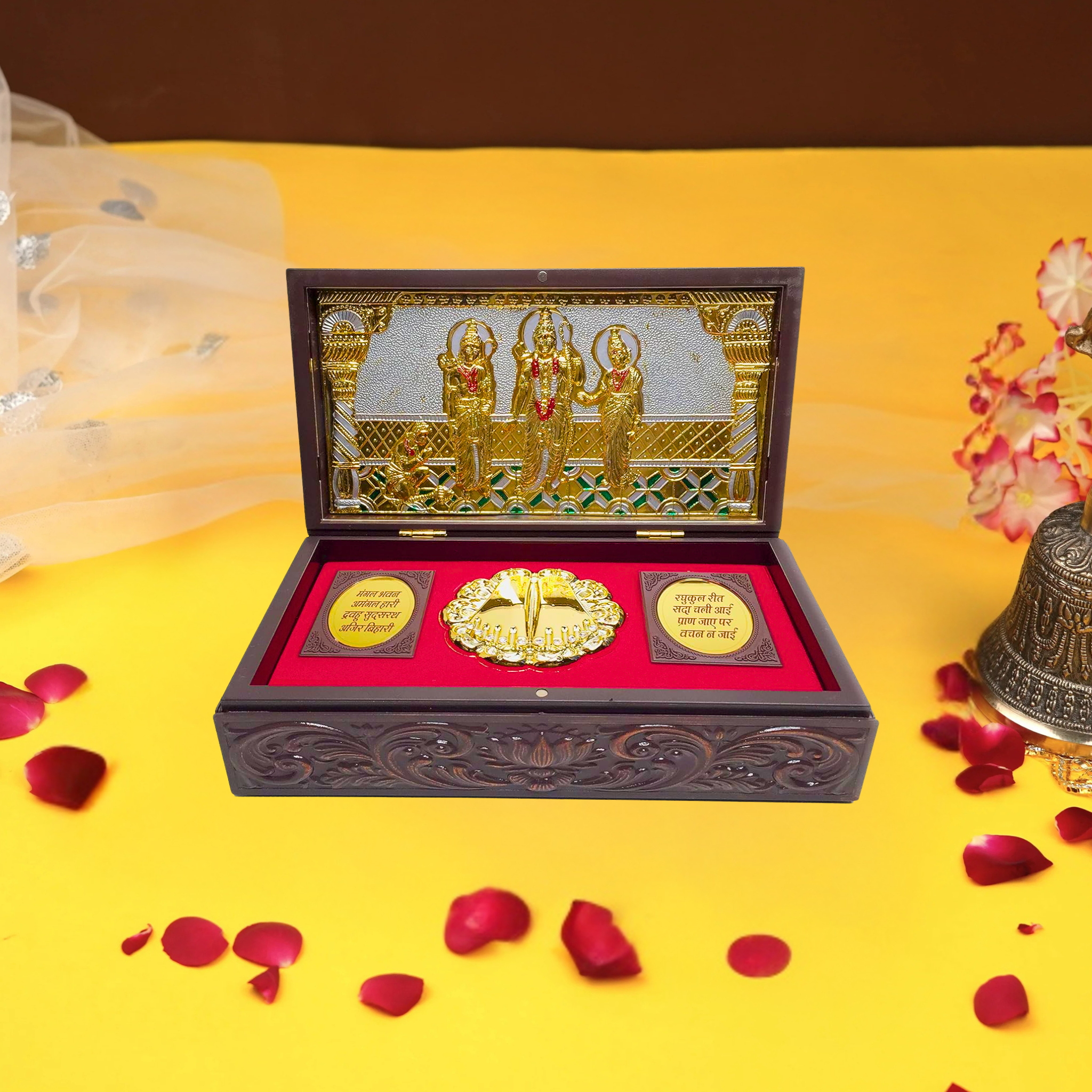 Gold Plated Ram Darbar Figurine in Decorative Wooden Box with Chandan Fragrance