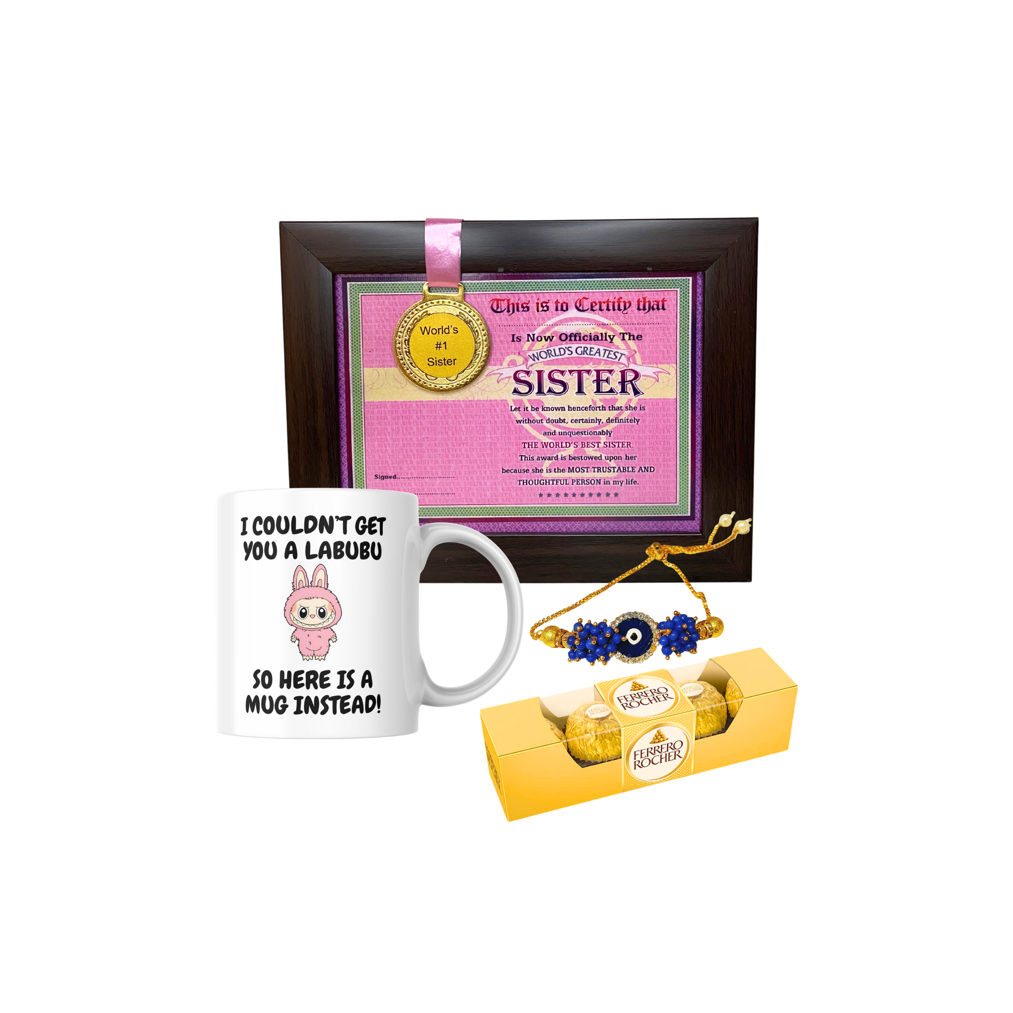 Rakhi Gift Combo with Best Sister Medal Frame, Coffee Mug, Lumba & Chocolate -  Perfect Rakshabandhan Gift for Sister/Bhabhi/Behan