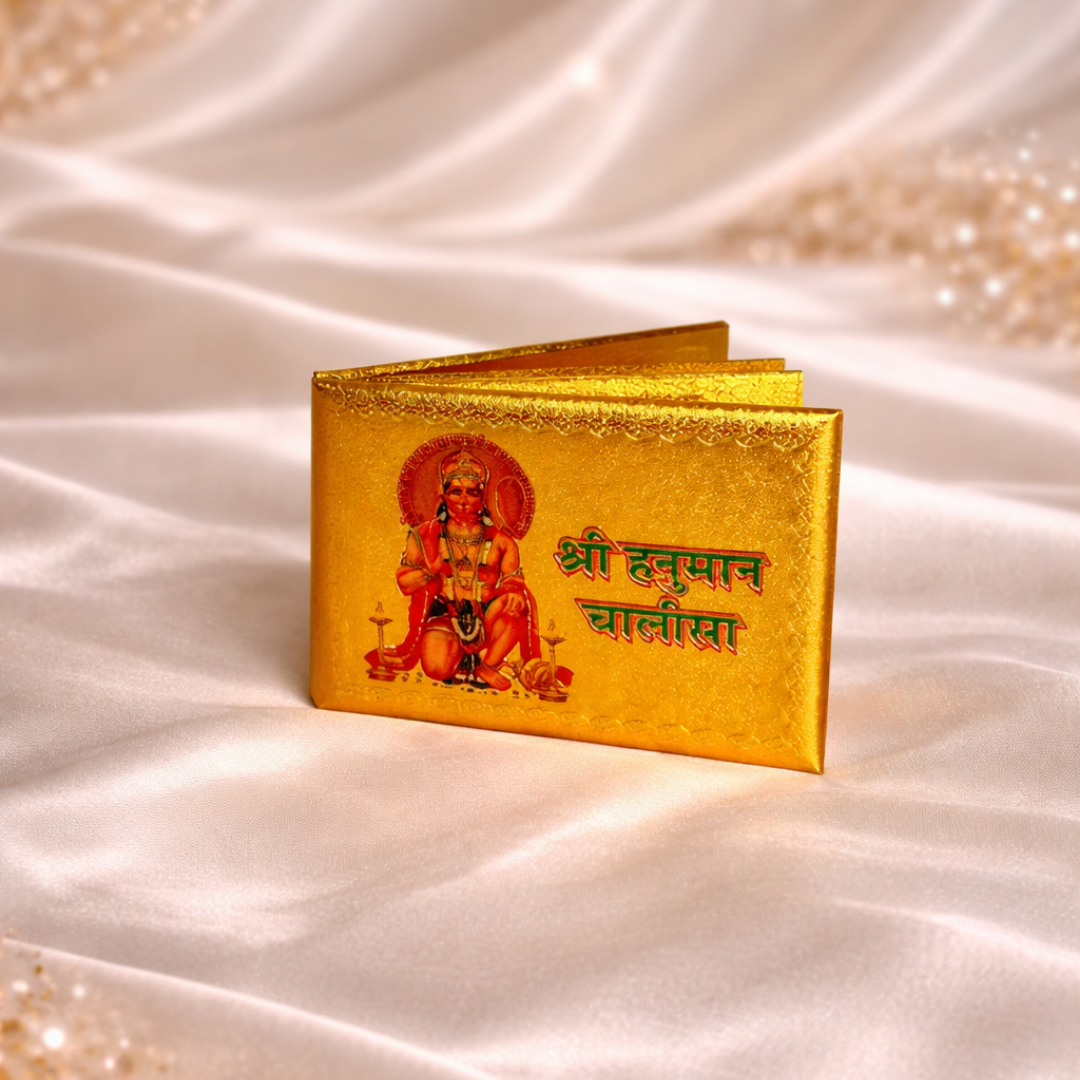Luxury Ganesha Chalisa Silver Plated Gift Hamper in Velvet Box with Wooden Ganesha Idol, Hanuman Chalisa, Bell & Diya