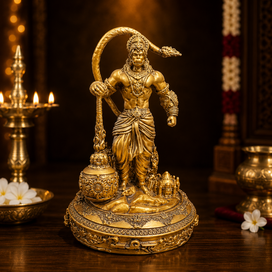 Lord Hanuman Ji Lanka Dahan God Idol in Premium Gift Box (3 x 4.5 Inches, Gold, Resin)
