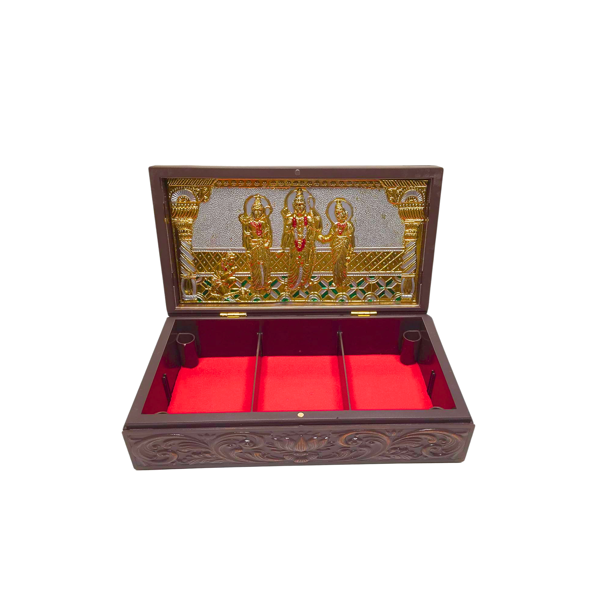 Gold Plated Ram Darbar Figurine in Decorative Wooden Box with Chandan Fragrance