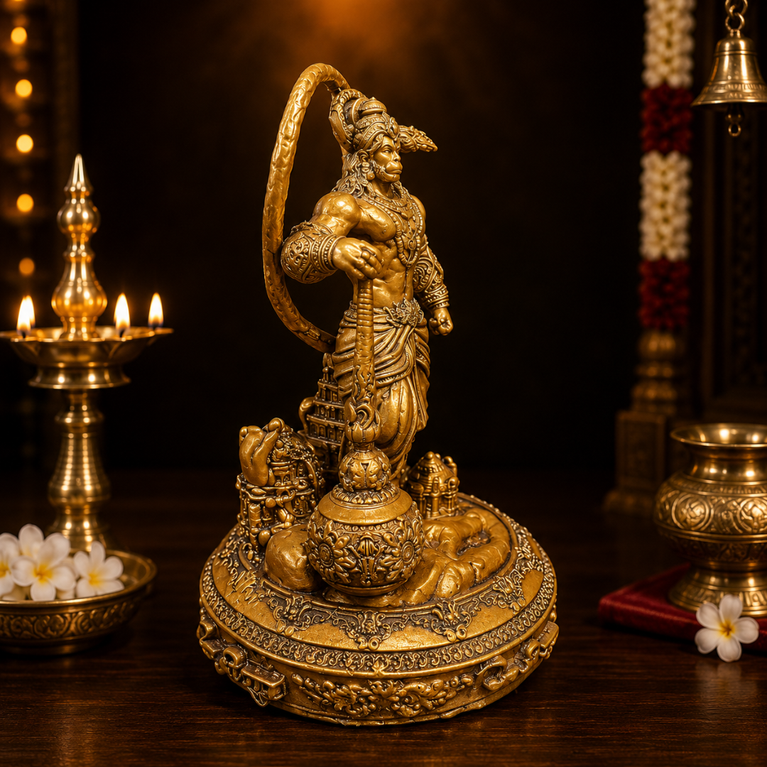 Lord Hanuman Ji Lanka Dahan God Idol in Premium Gift Box (3 x 4.5 Inches, Gold, Resin)