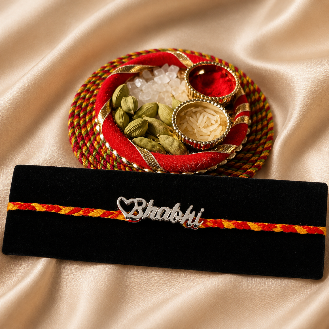 Bhaiya Bhabhi Silver Rakhi with Coffee Mug & Raksha Bandhan Greeting Card Combo