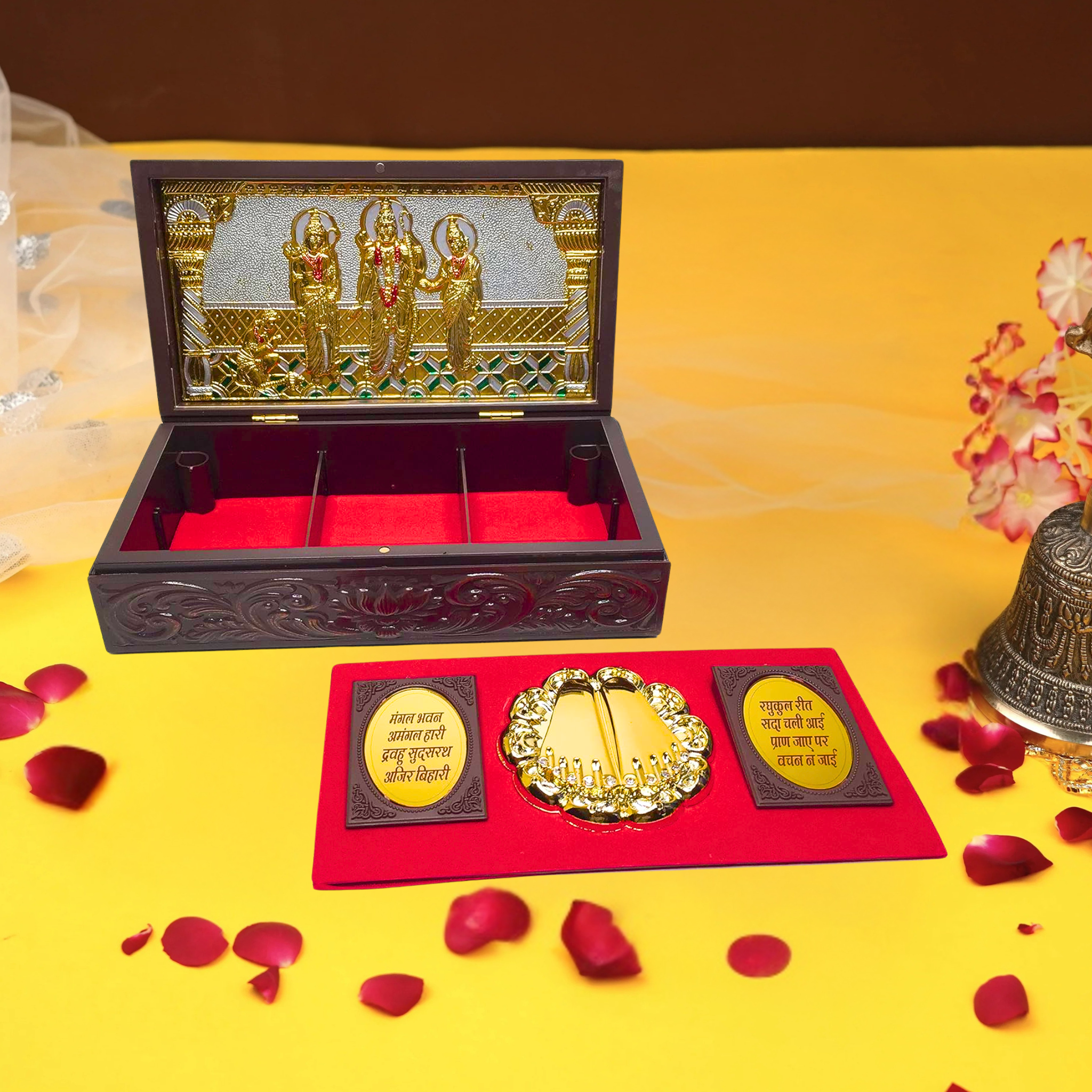 Gold Plated Ram Darbar Figurine in Decorative Wooden Box with Chandan Fragrance