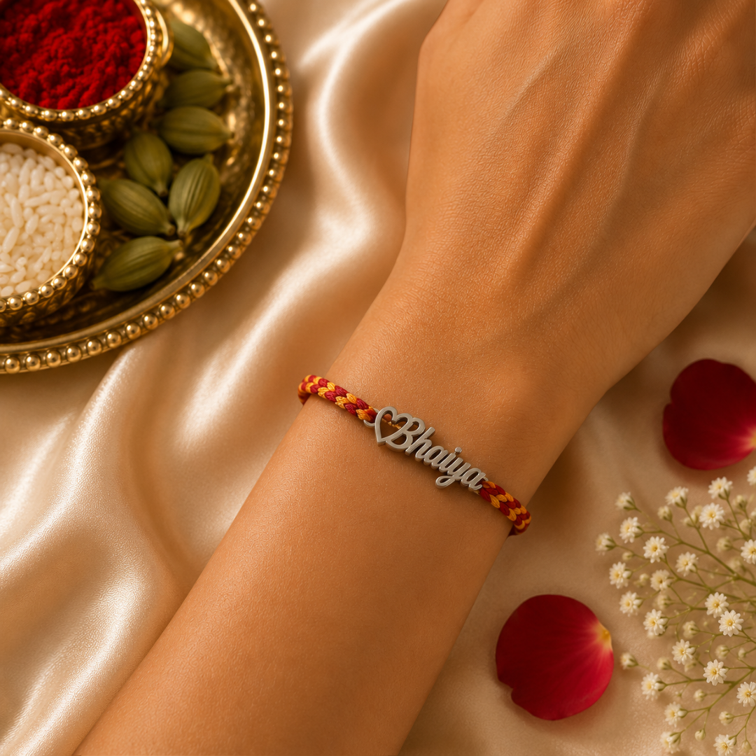 Bhaiya Bhabhi Silver Rakhi with Coffee Mug & Raksha Bandhan Greeting Card Combo