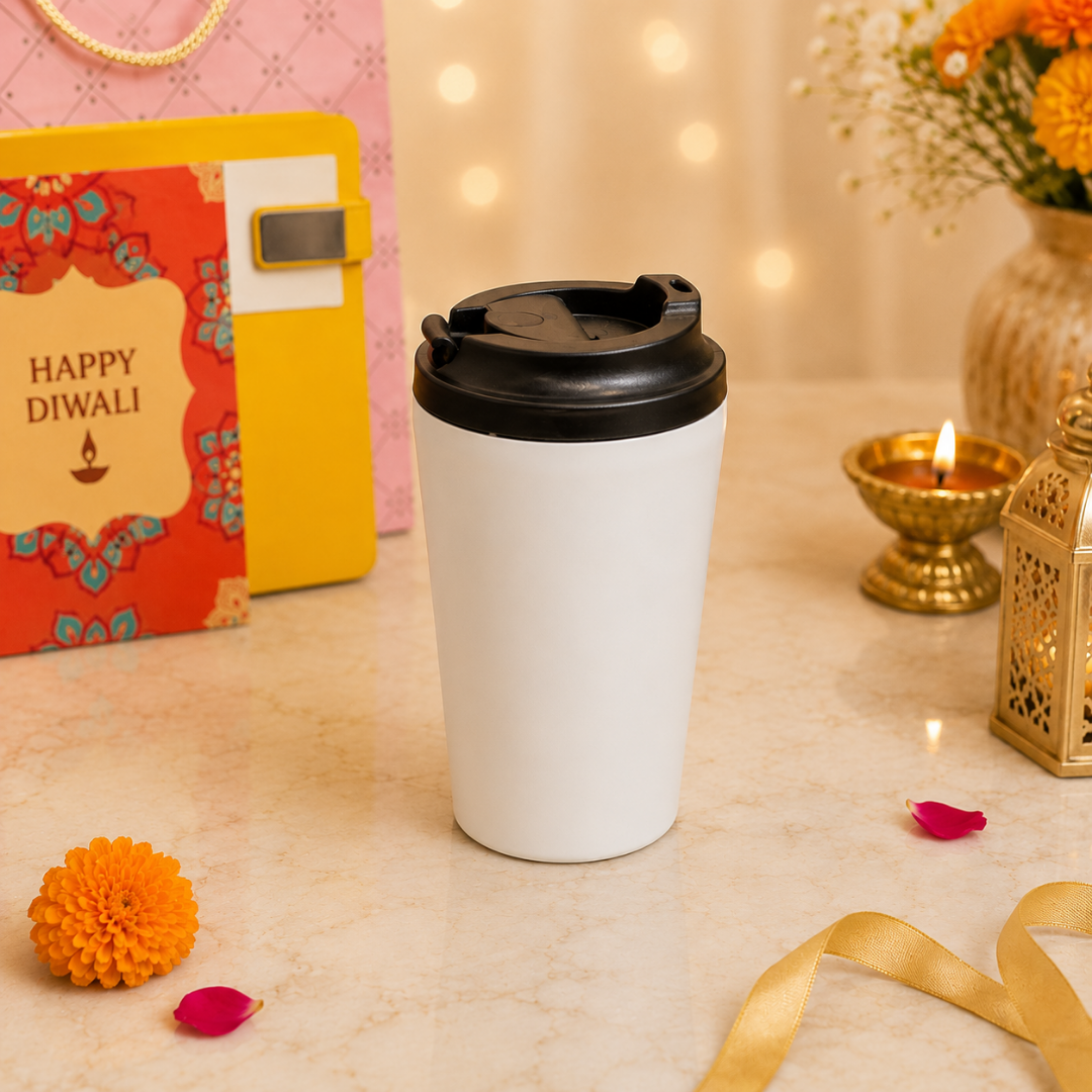 Compact Diwali Gift Combo – Coffee Mug, Diary, Coffee Pen, Candle & Greeting Card in Gift Bag