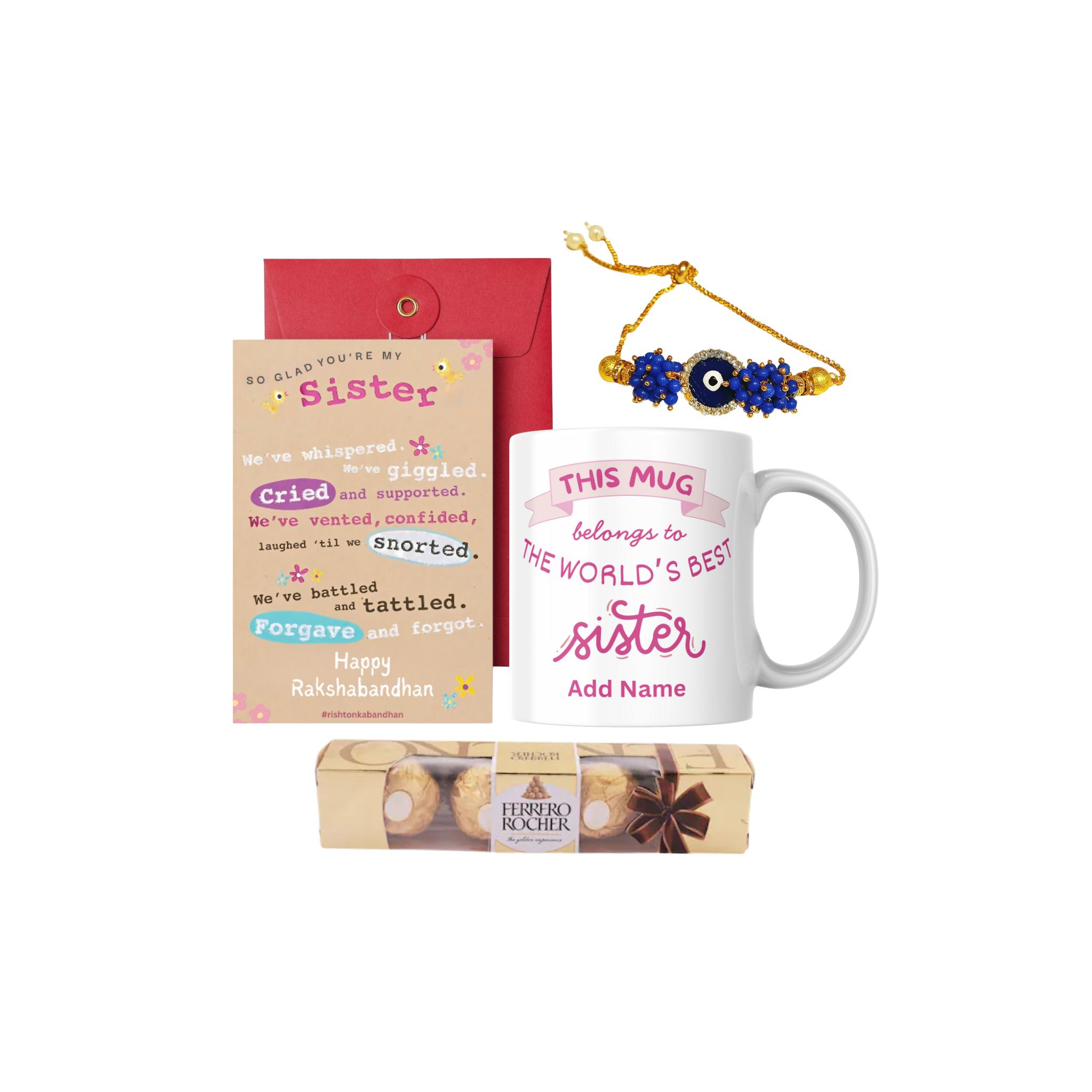 World Best Sister Coffee Mug, Lumba, and Happy Rakshabandhan Greeting Card Gifts Combo for Sister