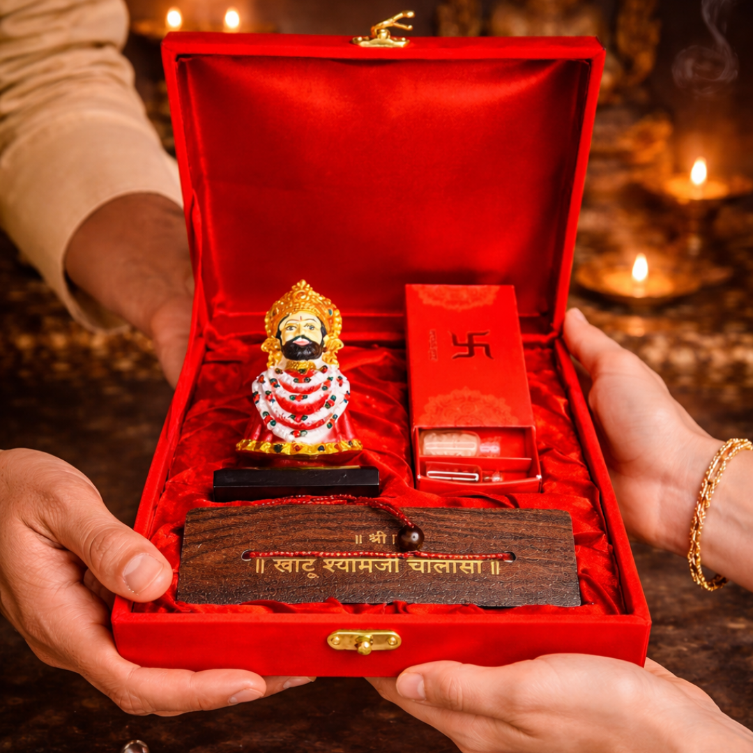 Luxury Khatu Shyam Chalisa Gift Hamper in Velvet Box with Wooden Shree Khatu Shyam Chalisa, Pooja Samagri & Khatu Shyam Murti