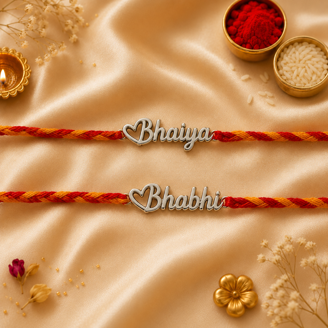 Bhaiya Bhabhi Silver Rakhi with Coffee Mug & Raksha Bandhan Greeting Card Combo