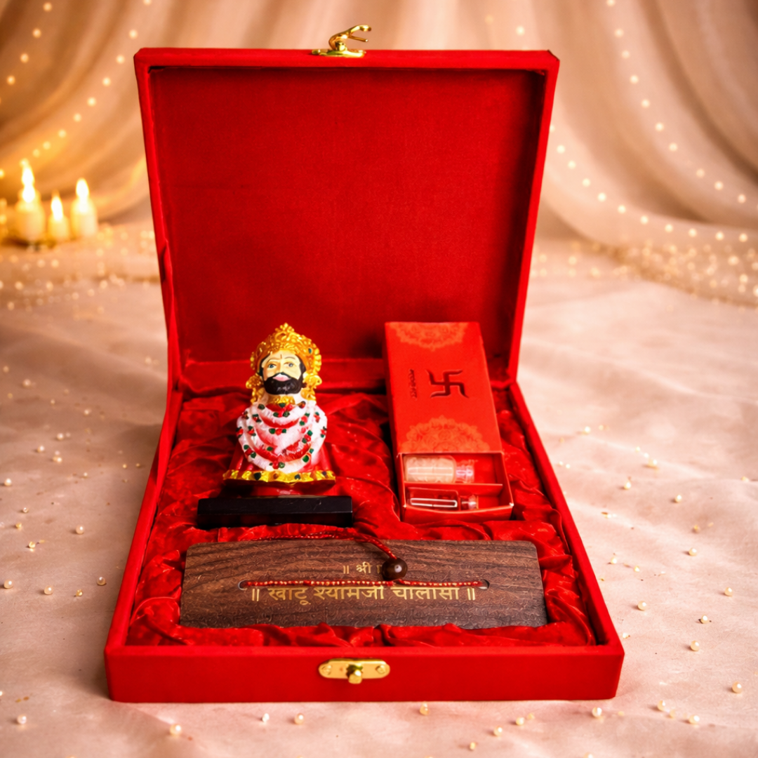 Luxury Khatu Shyam Chalisa Gift Hamper in Velvet Box with Wooden Shree Khatu Shyam Chalisa, Pooja Samagri & Khatu Shyam Murti