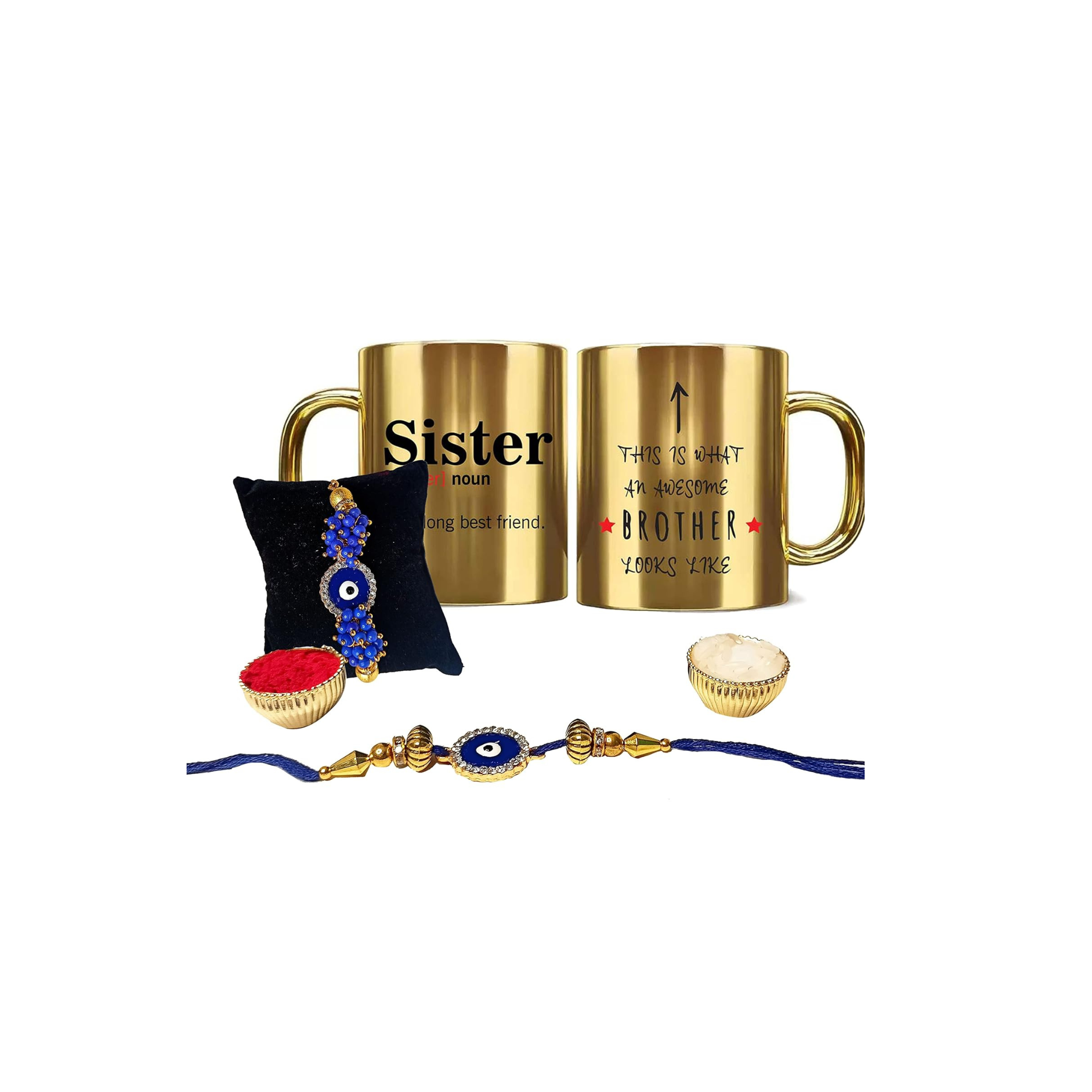 Luxury Bhaiya Bhabhi Gift Combo for RakshaBandhan- Two Golden Mugs, Two Evil Eye Rakhi RakshaBandhan Gift Combo for Bhaiya Bhabhi