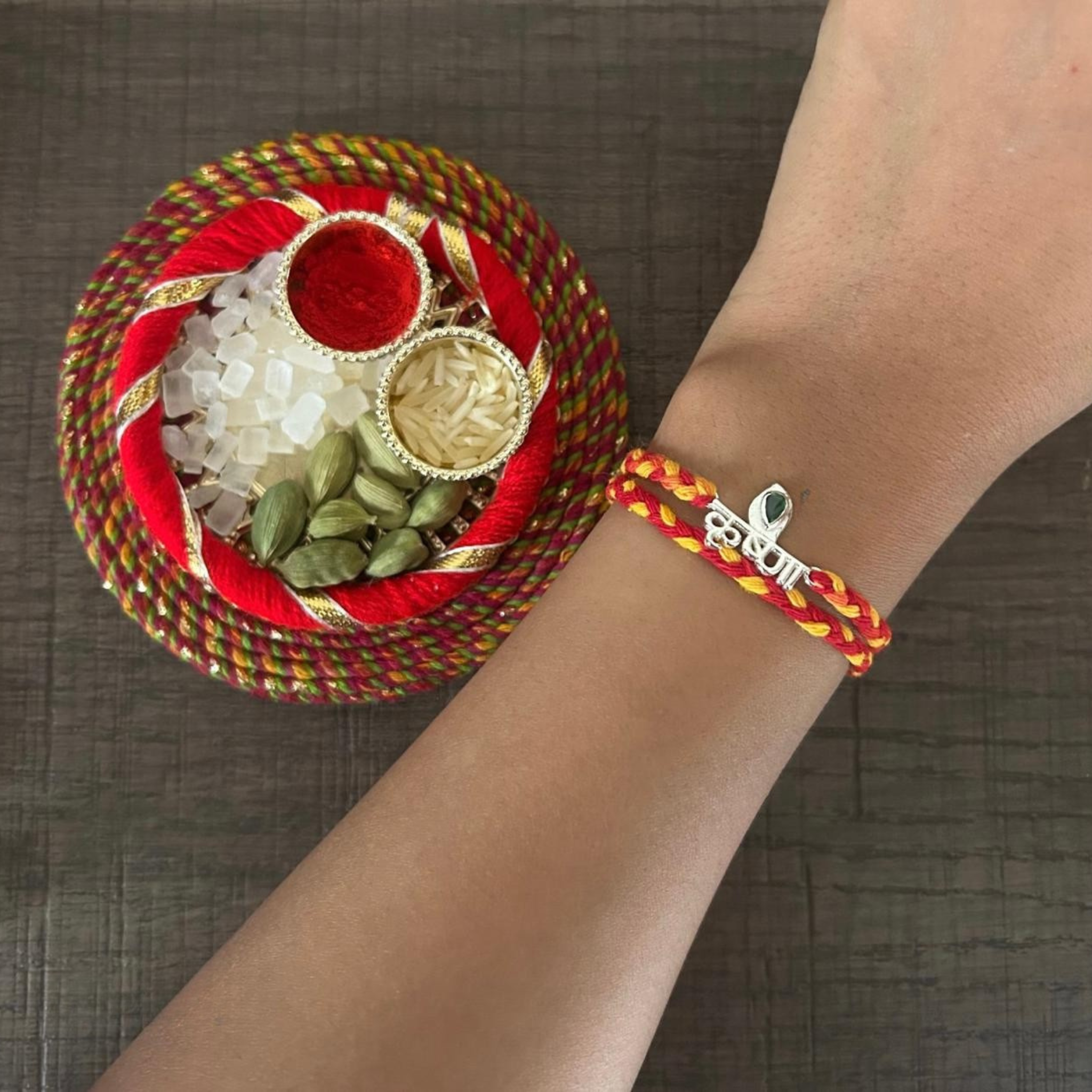 Krishna Silver Rakhi for Brother with Roli Chawal and Greeting Card For Brother Bro Bhaiya Bhai Rakhi Gift Combo