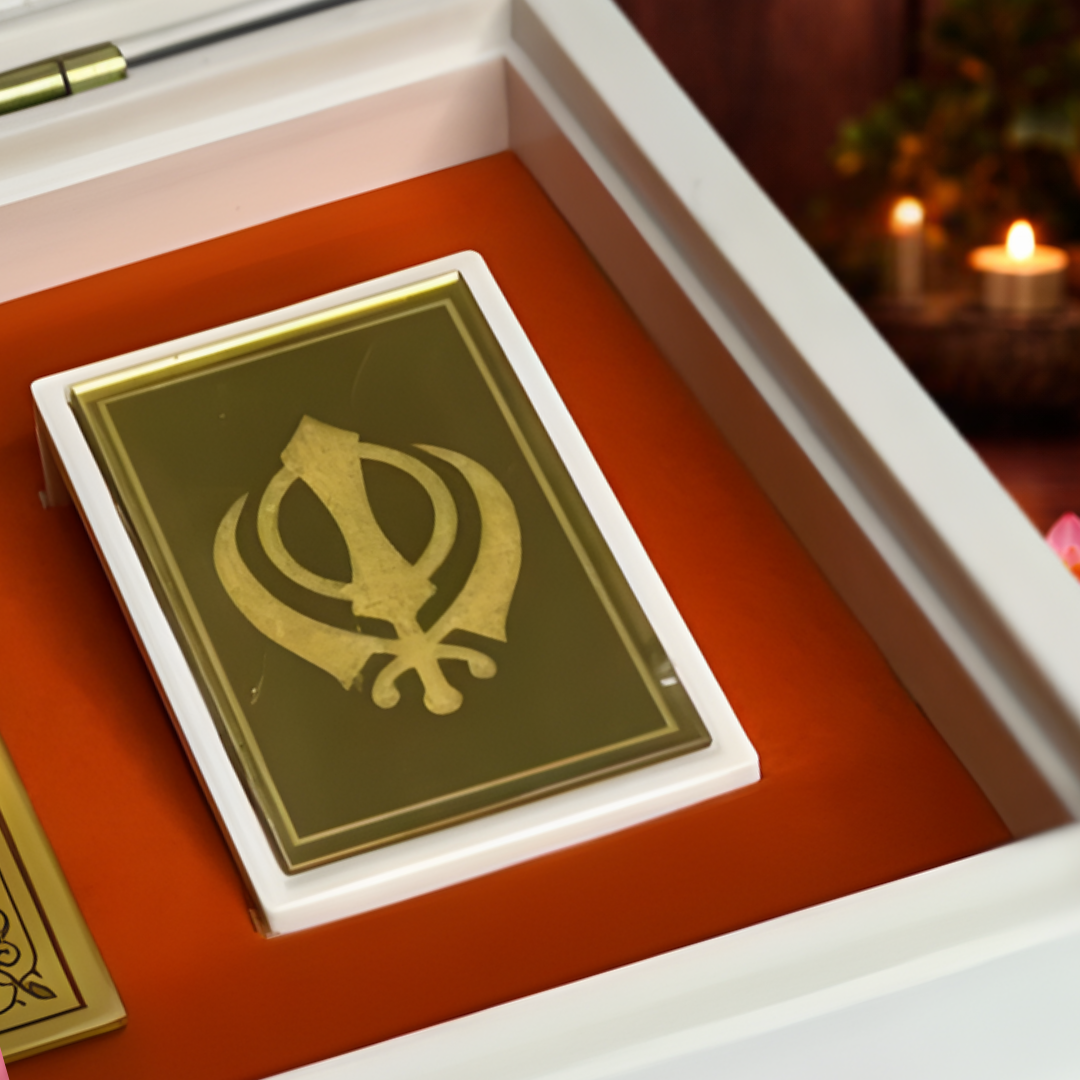 Gold Plated Ek Omkar Satnam Waheguru Golden Temple Figurine Spiritual Sikhism Gift with Chandan Fragrance, Khanda Sahib