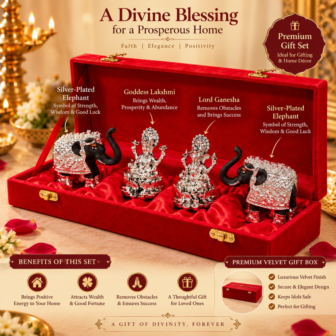 999 Silver Plated Lakshmi Ganesha Hamper with Elephant Idols (3 Inches) in Premium Velvet Gift Box