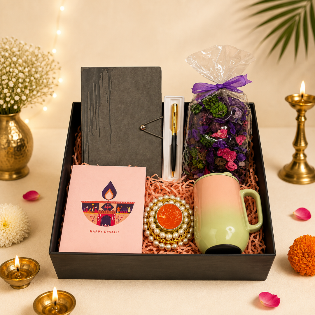 Diwali Gift Hamper - Decorative Diya, Diwali Card, Diary, Pen, Lavender Potpourri, Mug with Lid