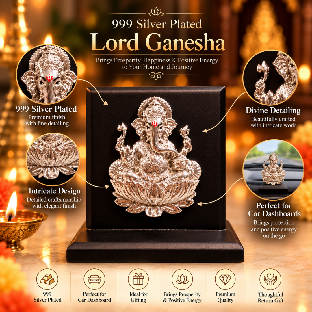 999 Silver Plated Ganesha Ji Idol with MDF Base in Gift Box (4 x 4 Inch)