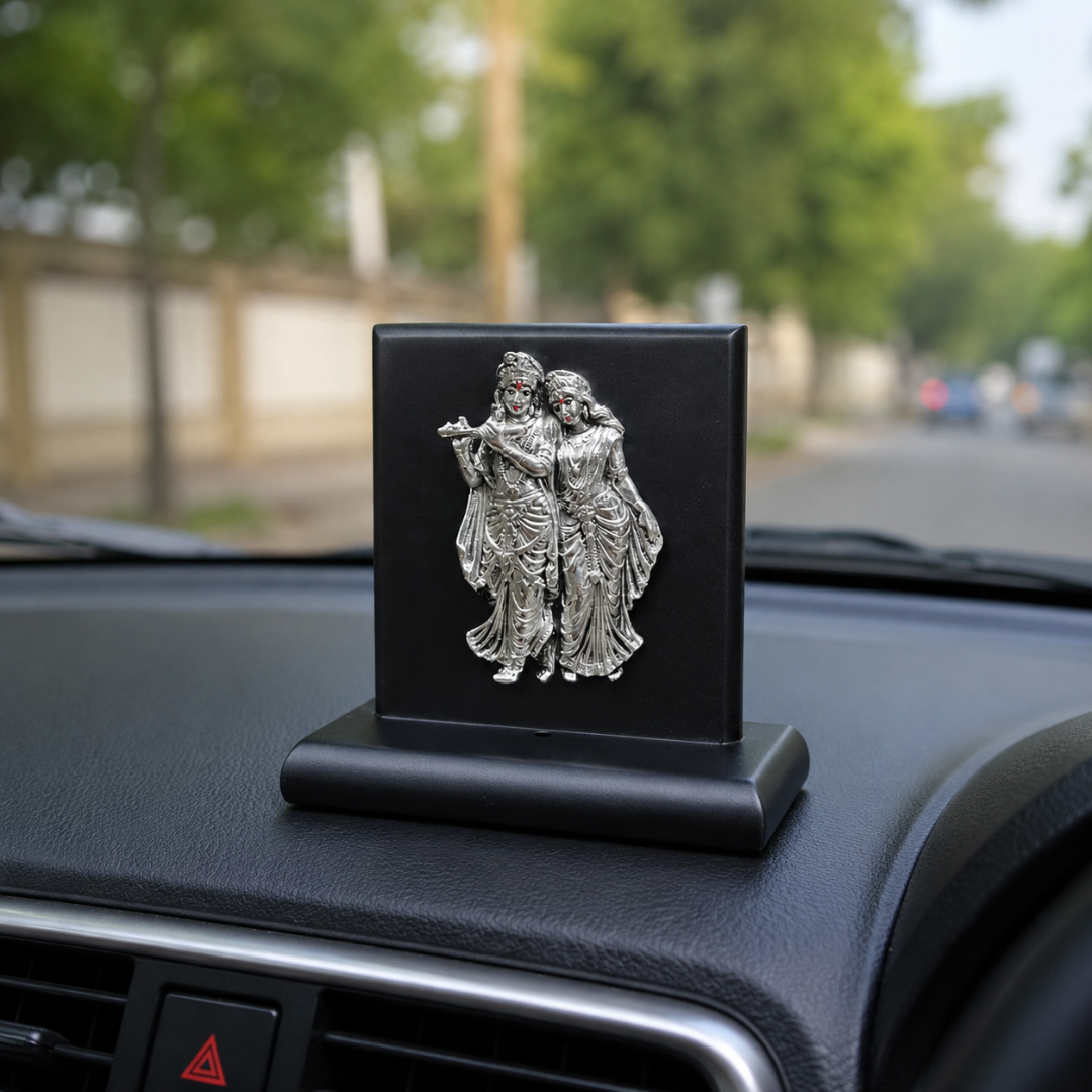 999 Silver Plated Radha Krishna Ji Idol with MDF Base in Premium Gift Box (10 cm)
