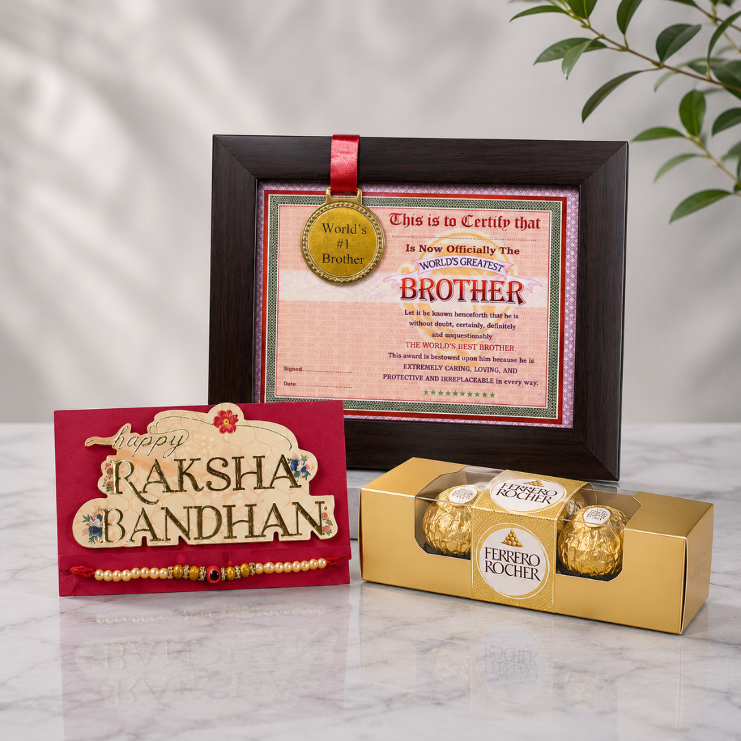 Rakhi Gift Combo with Best Brother Medal Frame, Rakhi & Chocolate