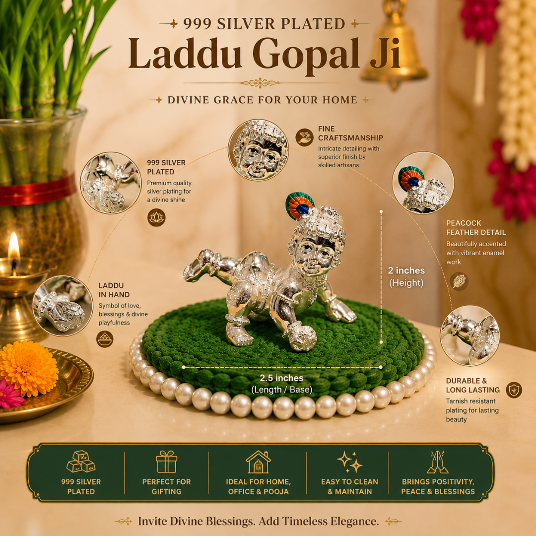 999 Silver Plated Laddoo Gopal Baby Krishna Idol with Premium Gift Box