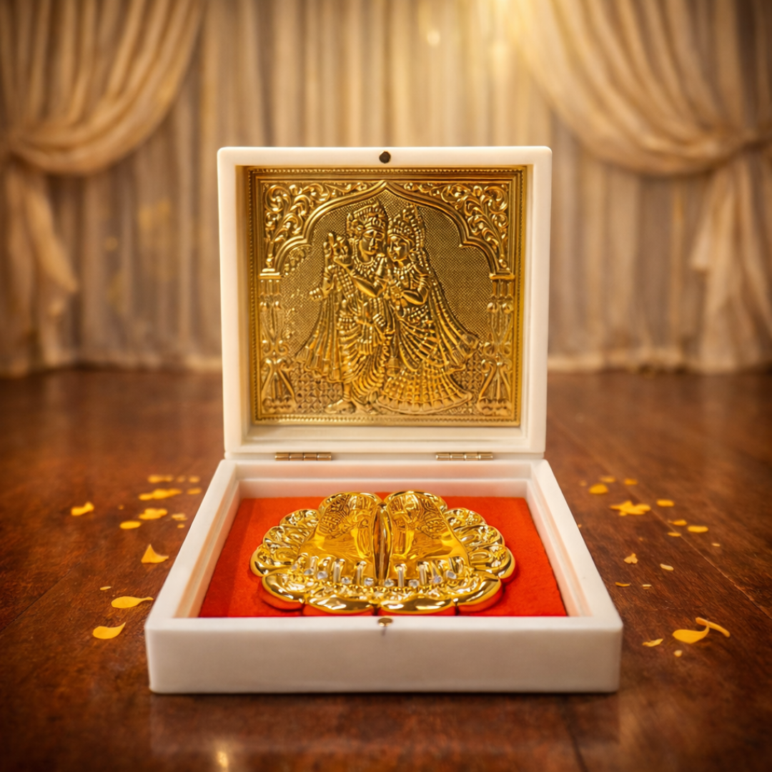 24KT Gold Plated Radha Krishna Idol with Charan Paduka