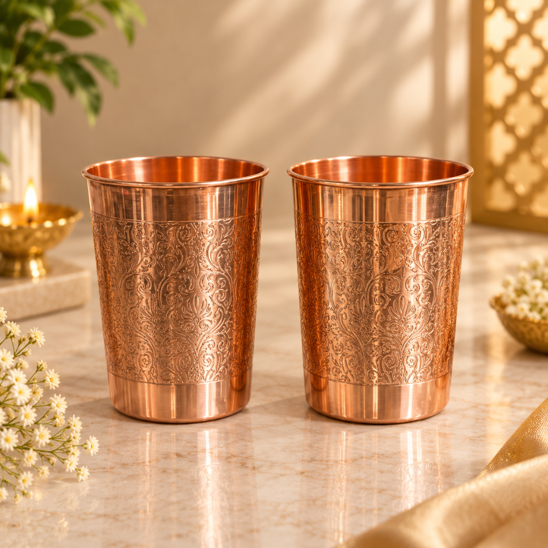 Traditional Floral Engraved Artwork Pure Copper Water Bottle with 2 Glasses