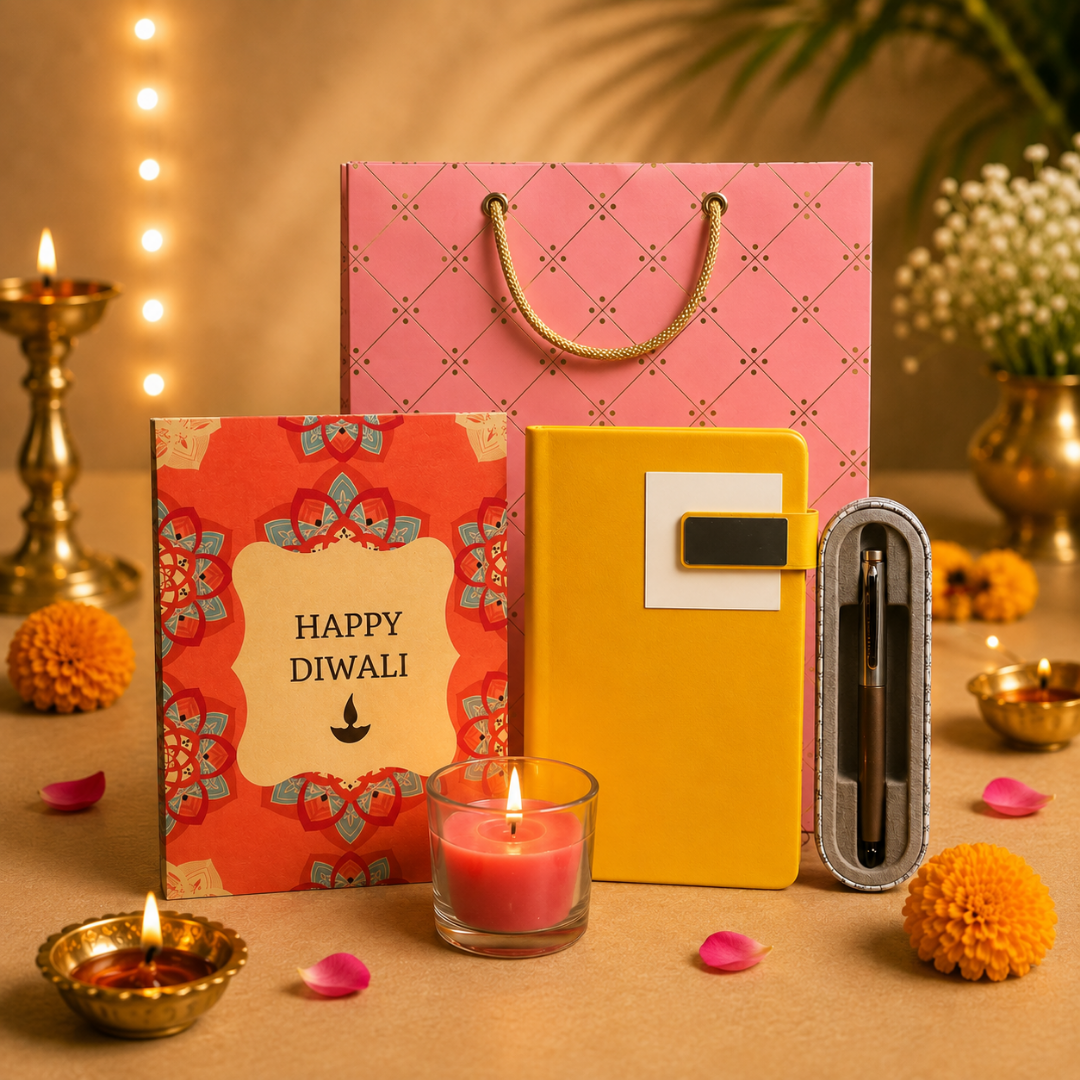 Budget Diwali Gift Combo – Diary, Coffee Pen, Candle & Greeting Card in Gift Bag