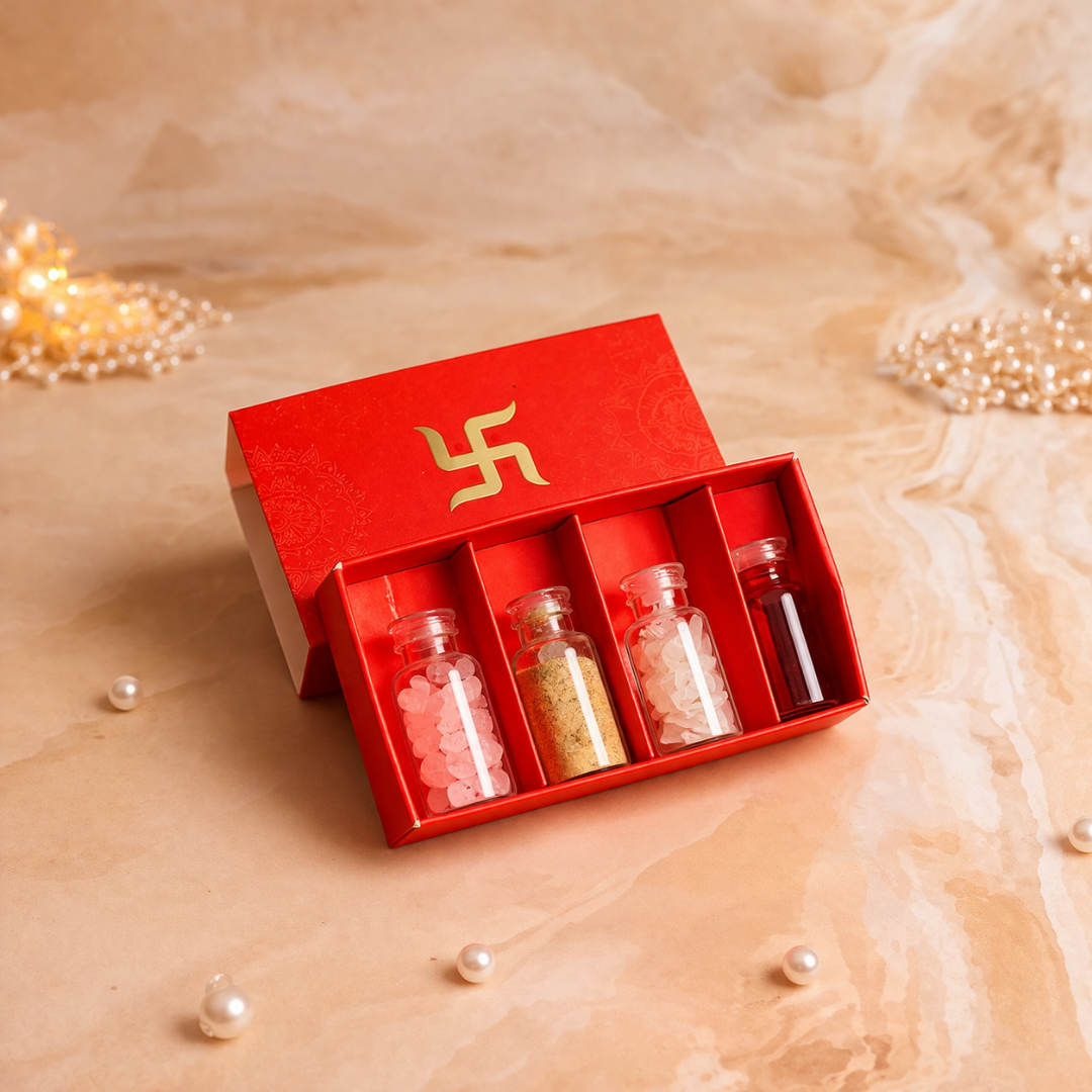 Luxury Khatu Shyam Chalisa Gift Hamper in Velvet Box with Wooden Shree Khatu Shyam Chalisa, Pooja Samagri & Khatu Shyam Murti