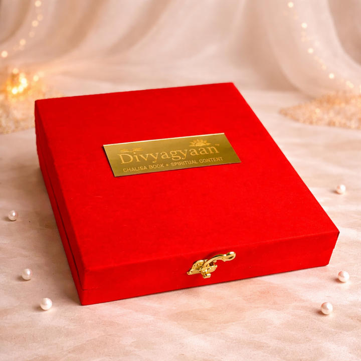 Luxury Khatu Shyam Chalisa Gift Hamper in Velvet Box with Wooden Shree Khatu Shyam Chalisa, Pooja Samagri & Khatu Shyam Murti