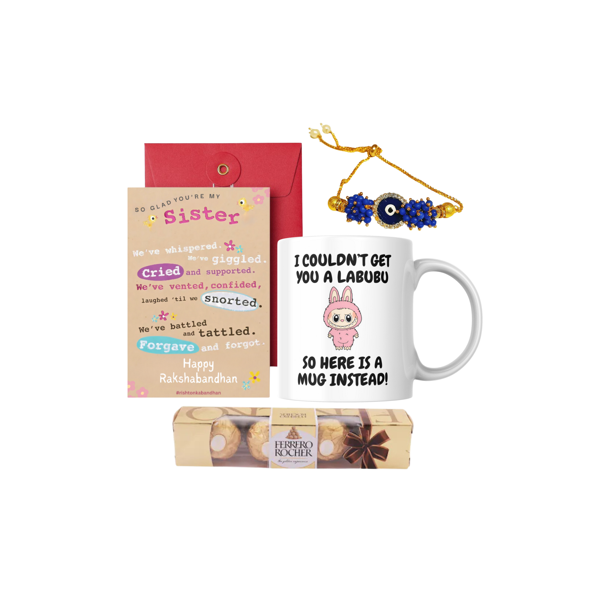 Raksha Bandhan Gift Combo with Greeting Card, Coffee Mug, Lumba Rakhi for Sister