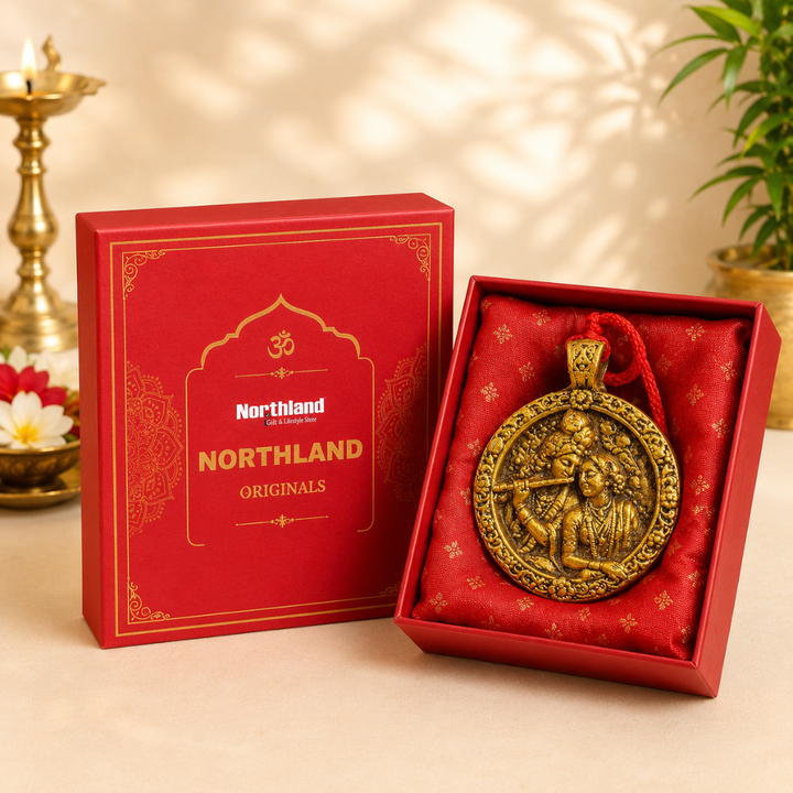 Radha Krishna Car Hanging with Red Thread (2.5 Inches, Gold, Resin)