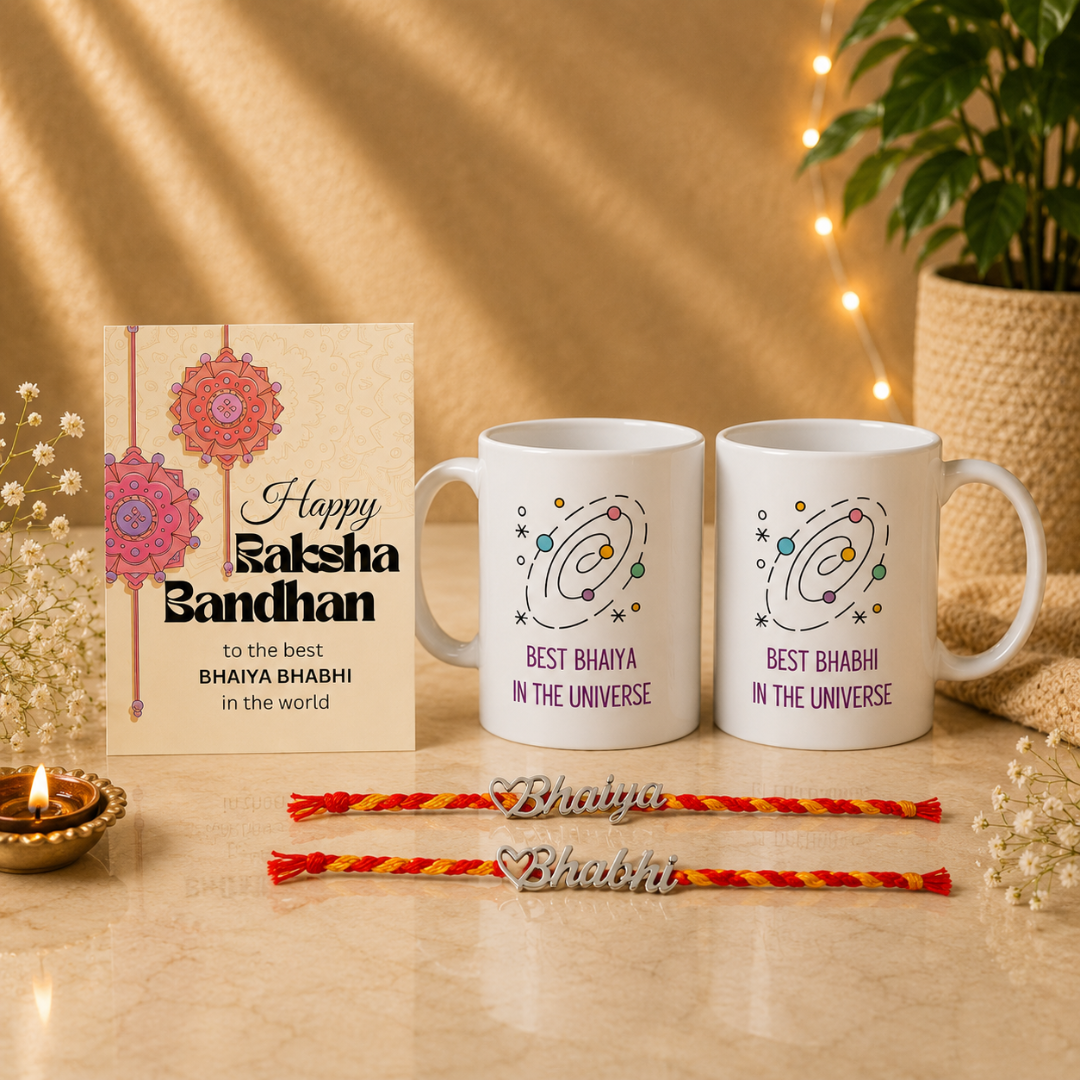 Bhaiya Bhabhi Silver Rakhi with Coffee Mug & Raksha Bandhan Greeting Card Combo