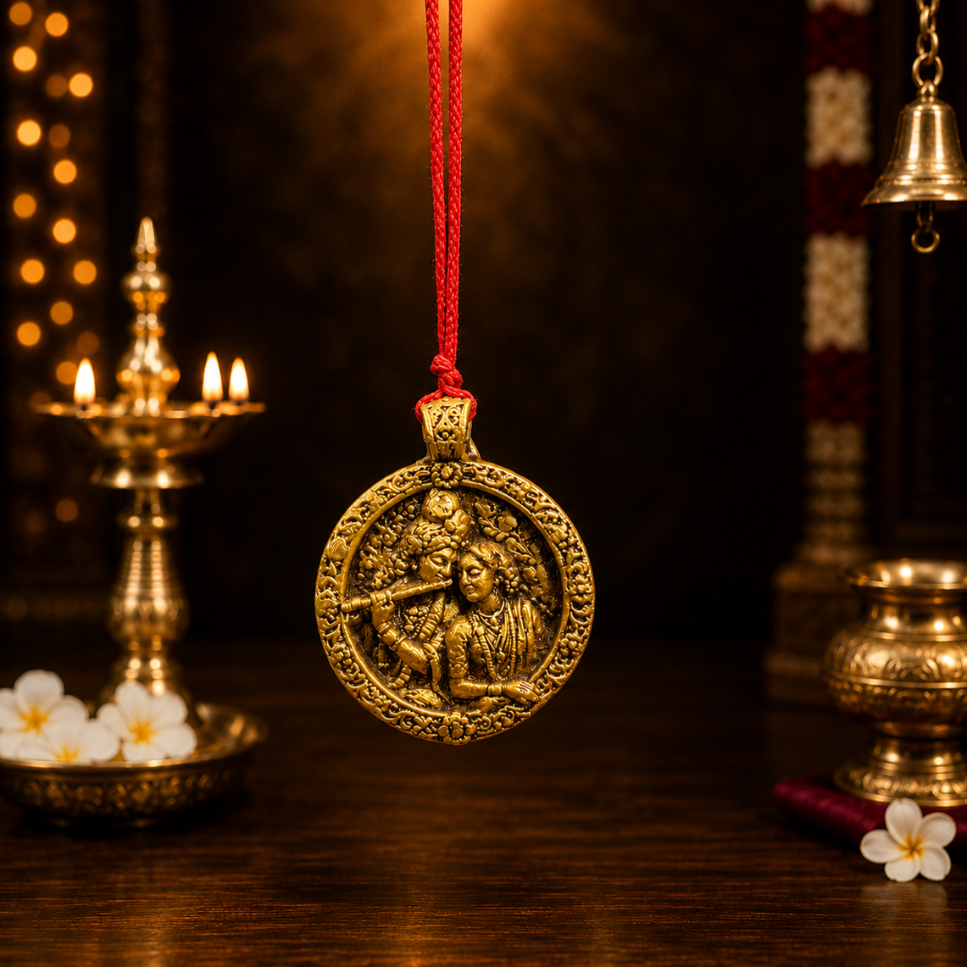 Radha Krishna Car Hanging with Red Thread (2.5 Inches, Gold, Resin)