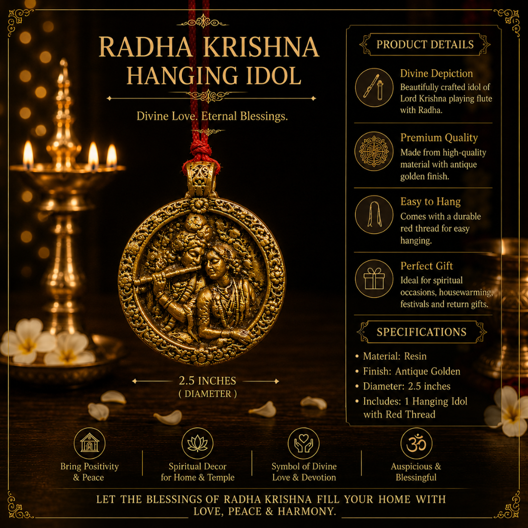 Radha Krishna Car Hanging with Red Thread (2.5 Inches, Gold, Resin)
