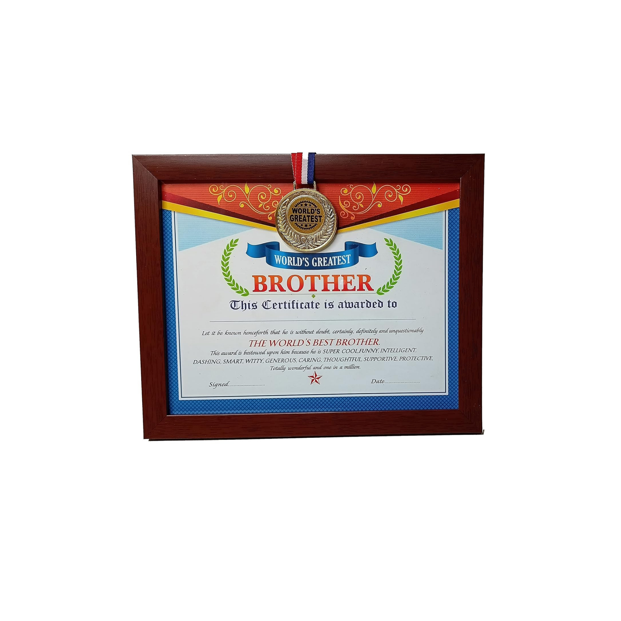 World's Greatest Brother Framed Certificate With Gold Medal- Unique Gifts for Brother(Size 11.1 x 9.1 in inches)