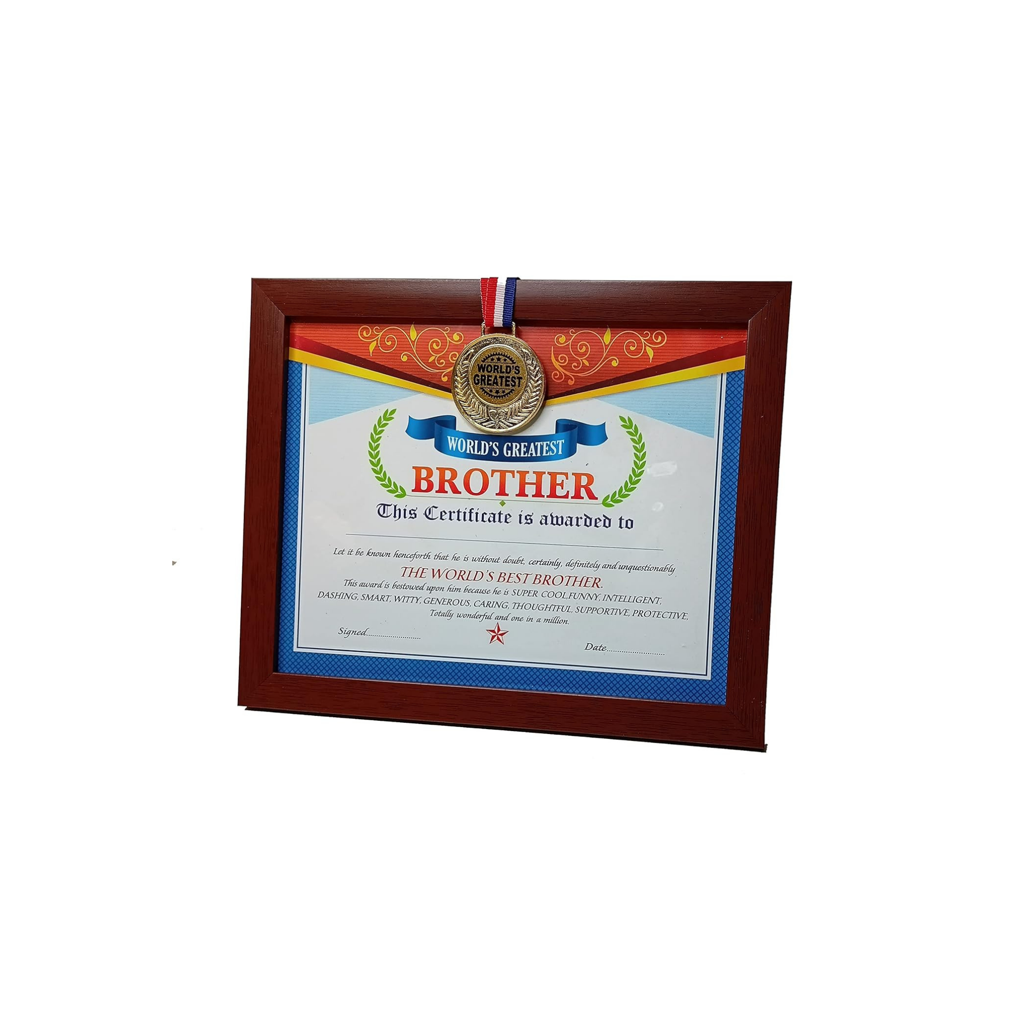 World's Greatest Brother Framed Certificate With Gold Medal- Unique Gifts for Brother(Size 11.1 x 9.1 in inches)