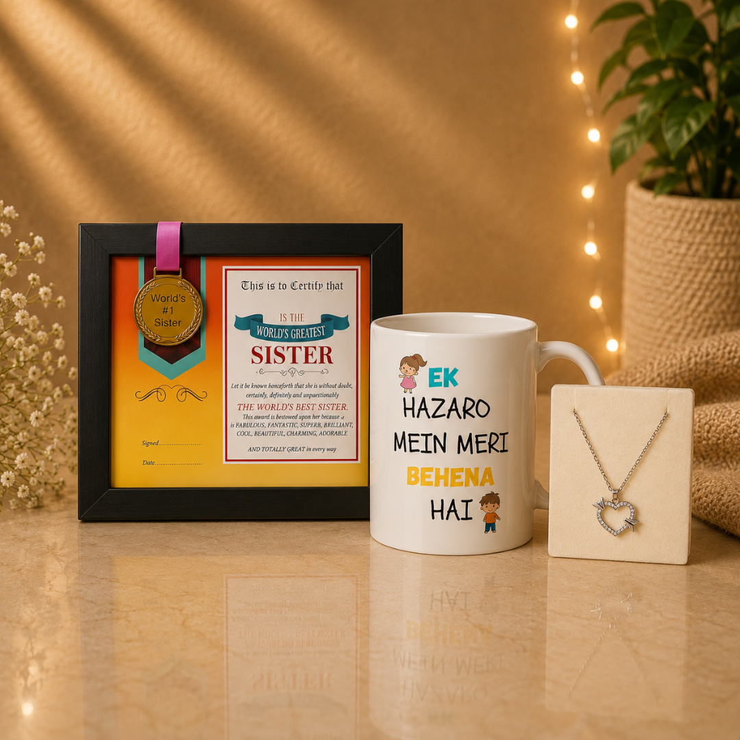 Best Sister in The World Framed Certificate with Coffee Mug & Pendant Rakhi Gift Combo for Sister