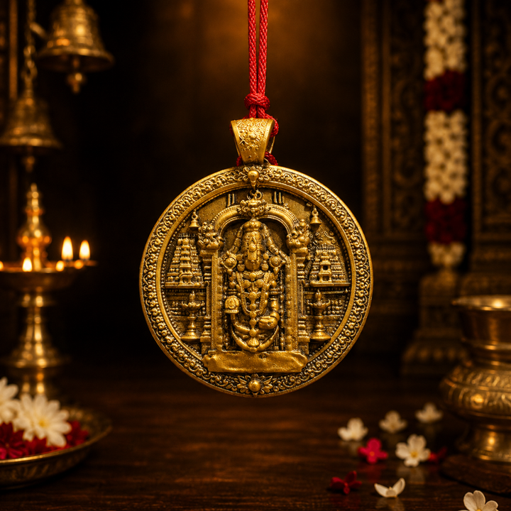 Tirupati Balaji Car Hanging with Thread (2.5 Inches, Gold, Resin)