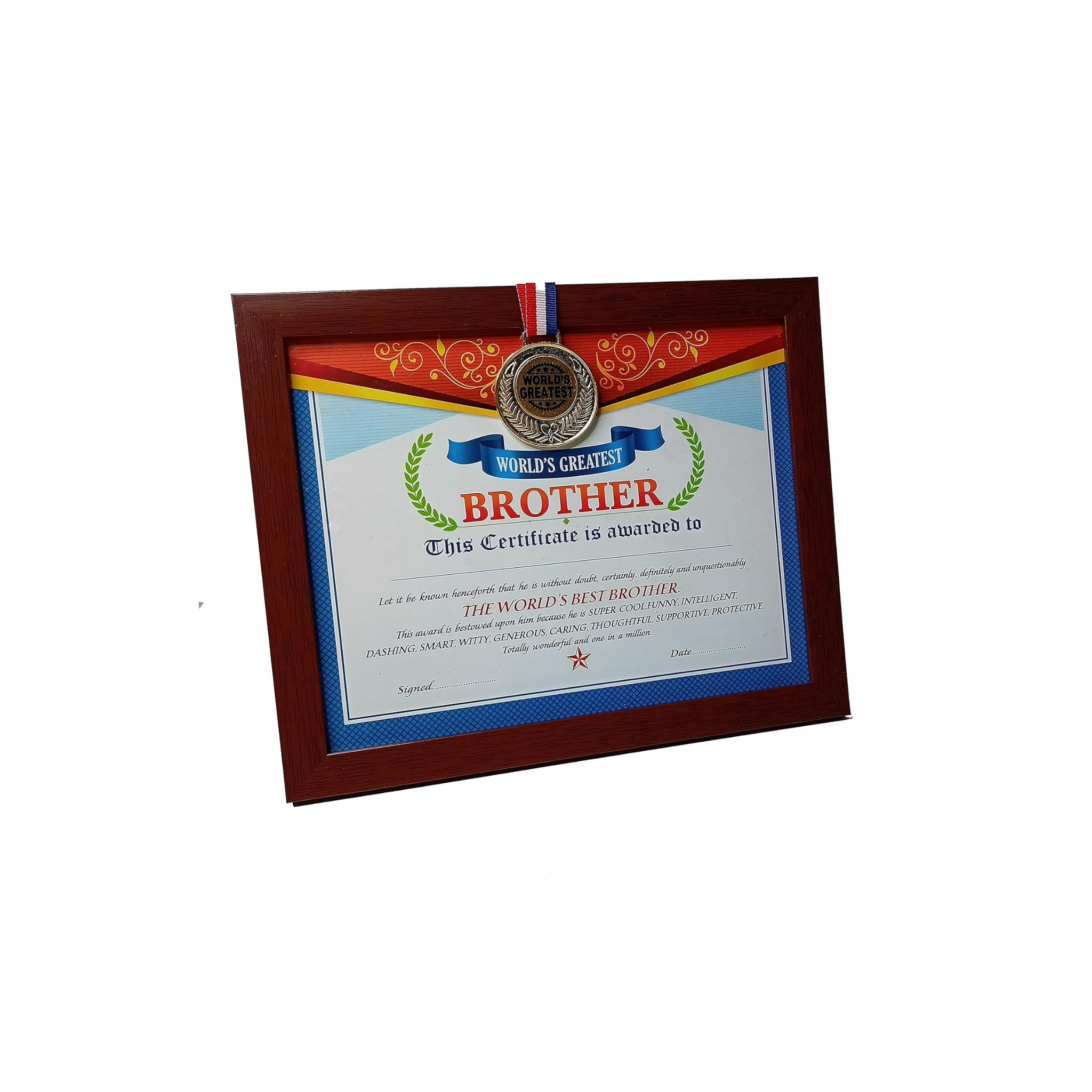 World's Greatest Brother Framed Certificate With Gold Medal- Unique Gifts for Brother(Size 11.1 x 9.1 in inches)
