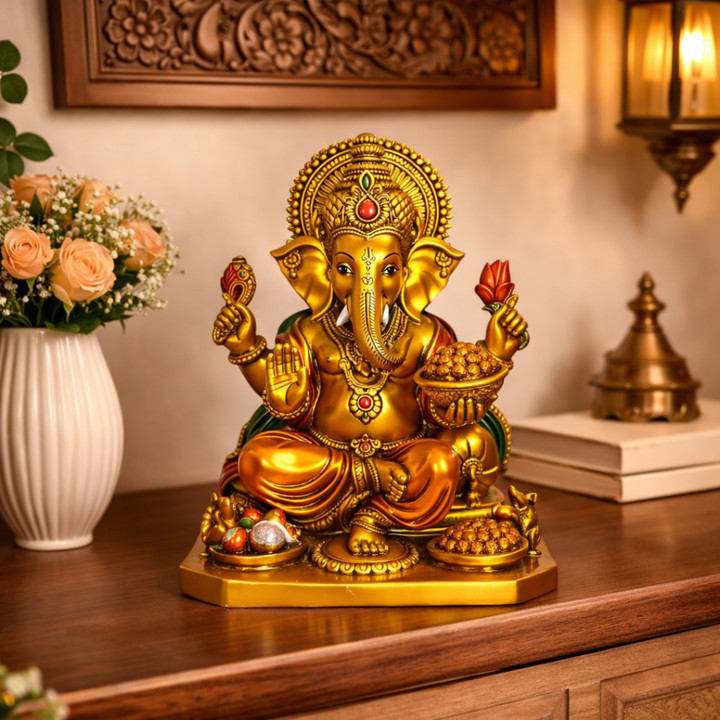 Big Brass Look Ganesha Idol for Home Décor & Mandir – 13 Inch Large Resin