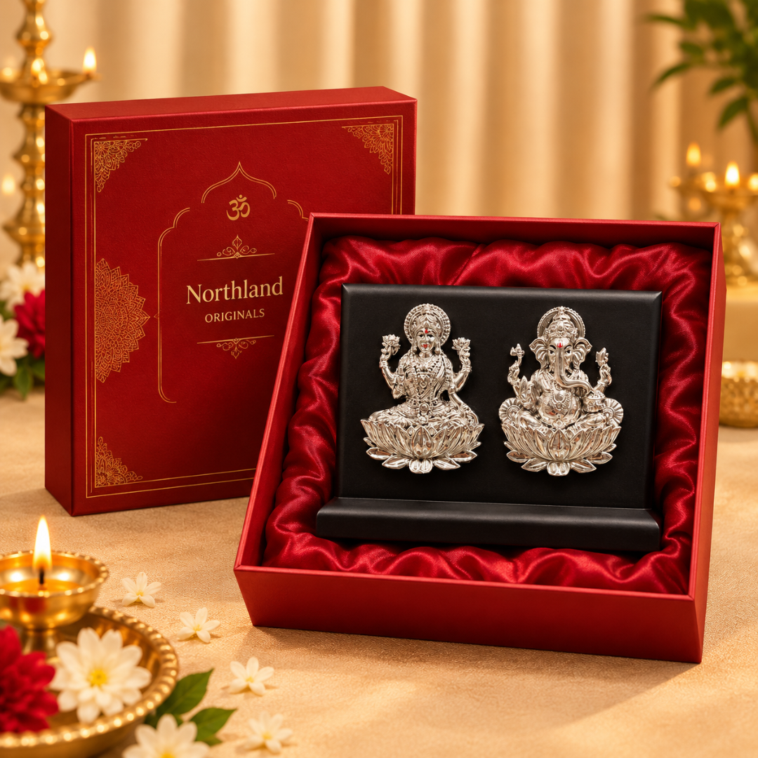 999 Silver Plated Lakshmi Ganesha Idol with MDF Base in Gift Box (4 x 6 Inch)