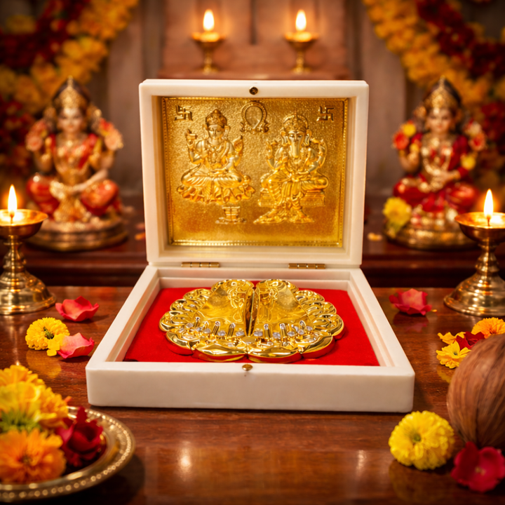 24KT Gold Plated Laxmi Ganesha Idol with Charan Paduka Pocket Temple