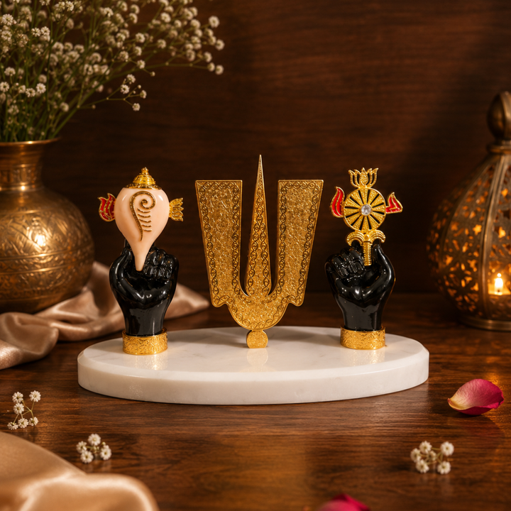 Tirupati Balaji Tilak Idol with Shankha & Chakra Hands on Premium Stone Base for Car Dashboard | Decorative Spiritual Showpiece for Home, Office & Diwali Gift | Resin, Black & Gold, 7 Inch Base