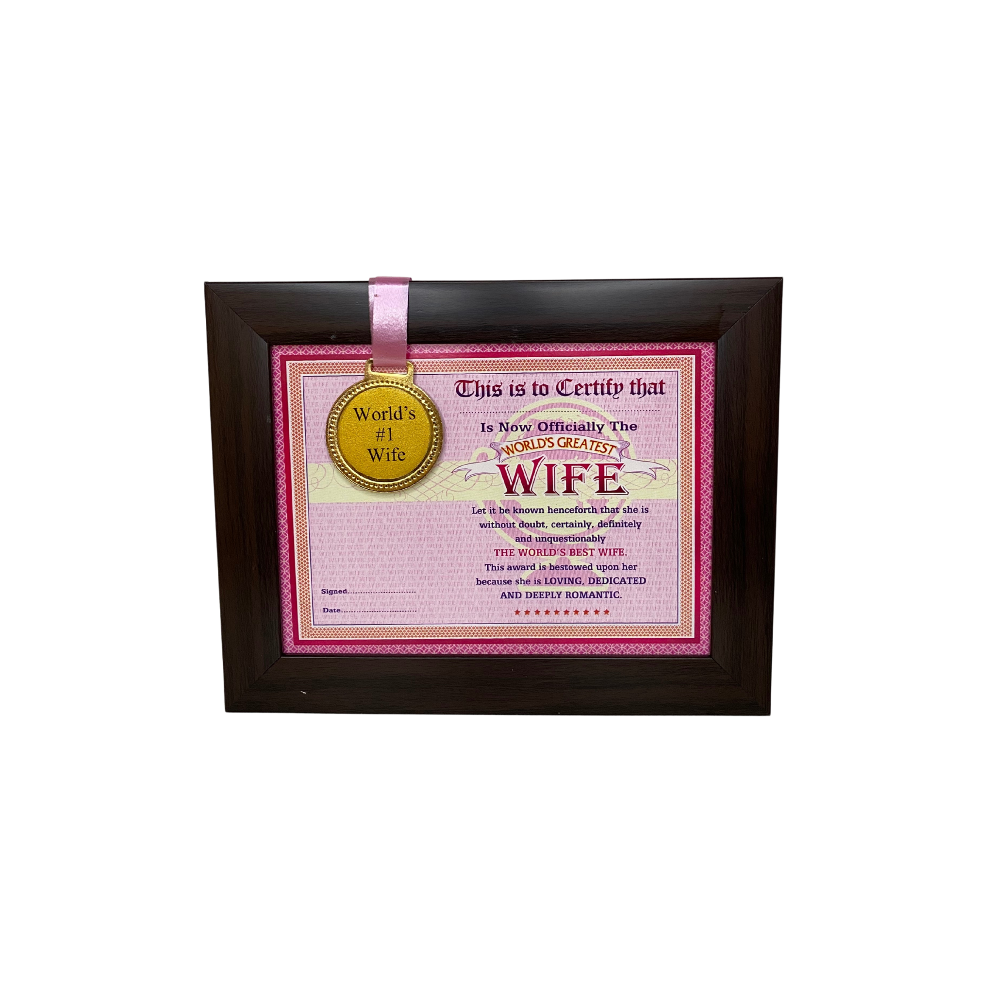 The World's Best Wife Framed Certificate with World's #1 Wife Gold Medal- Unique Gifts for Wife