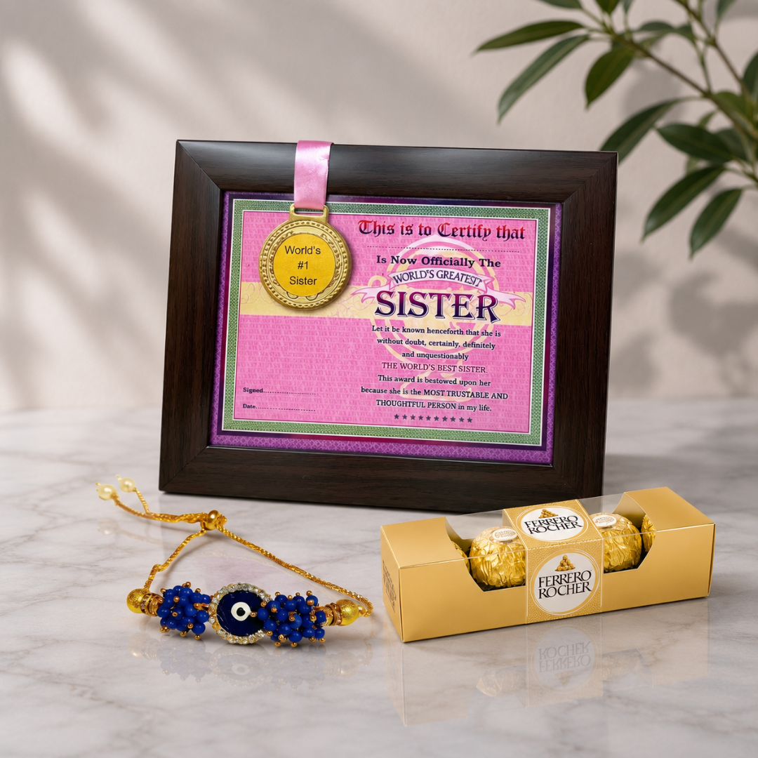 Rakhi Gift Combo with Best Sister Medal Frame, Lumba & Chocolate