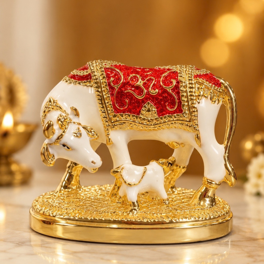24K Gold Plated Kamdhenu Cow with Calf Idol (3 Inch) in Gift Box