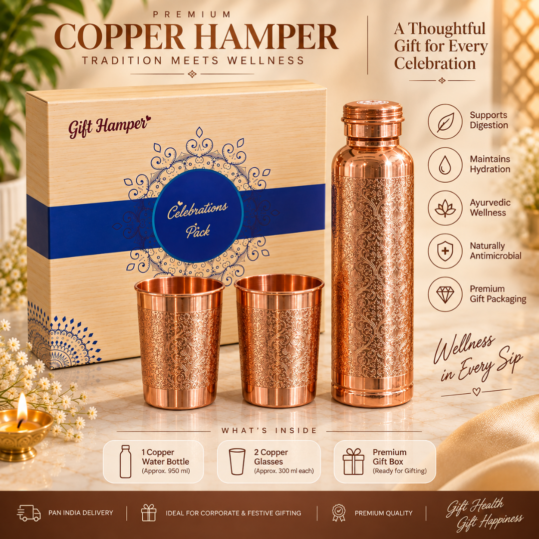Traditional Floral Engraved Artwork Pure Copper Water Bottle with 2 Glasses